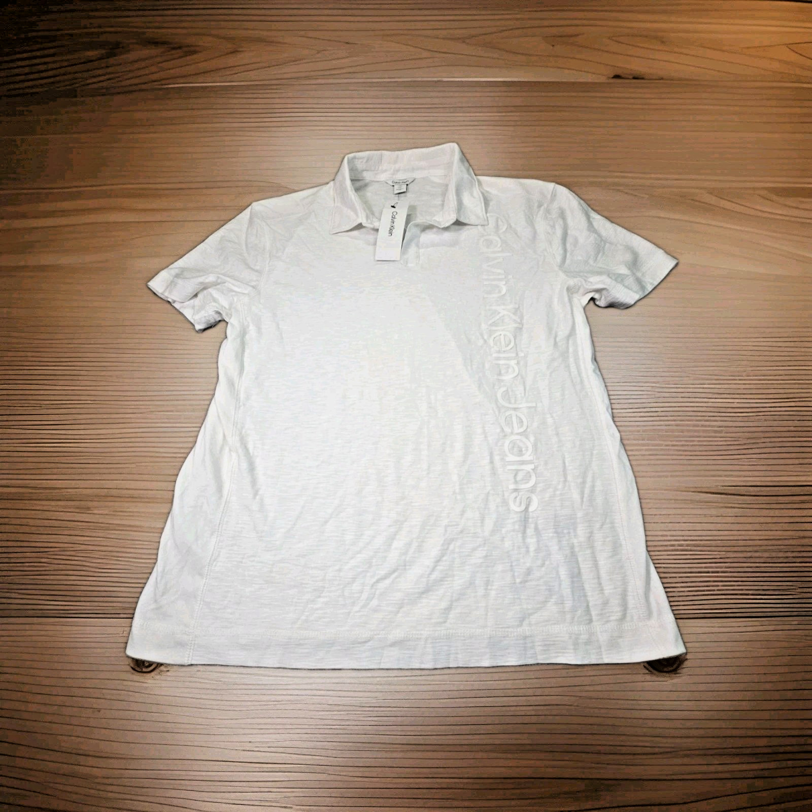 Calvin Klein V-Neck Spell Out Cotton Polo Brilliant White Mens Large