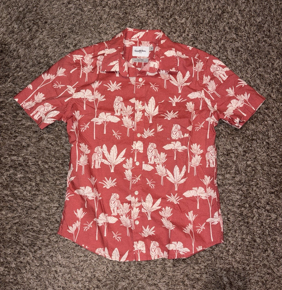 Goodfellow & Co Men’s M Red White Tropical Print Short Sleeve Button-Up Shirt