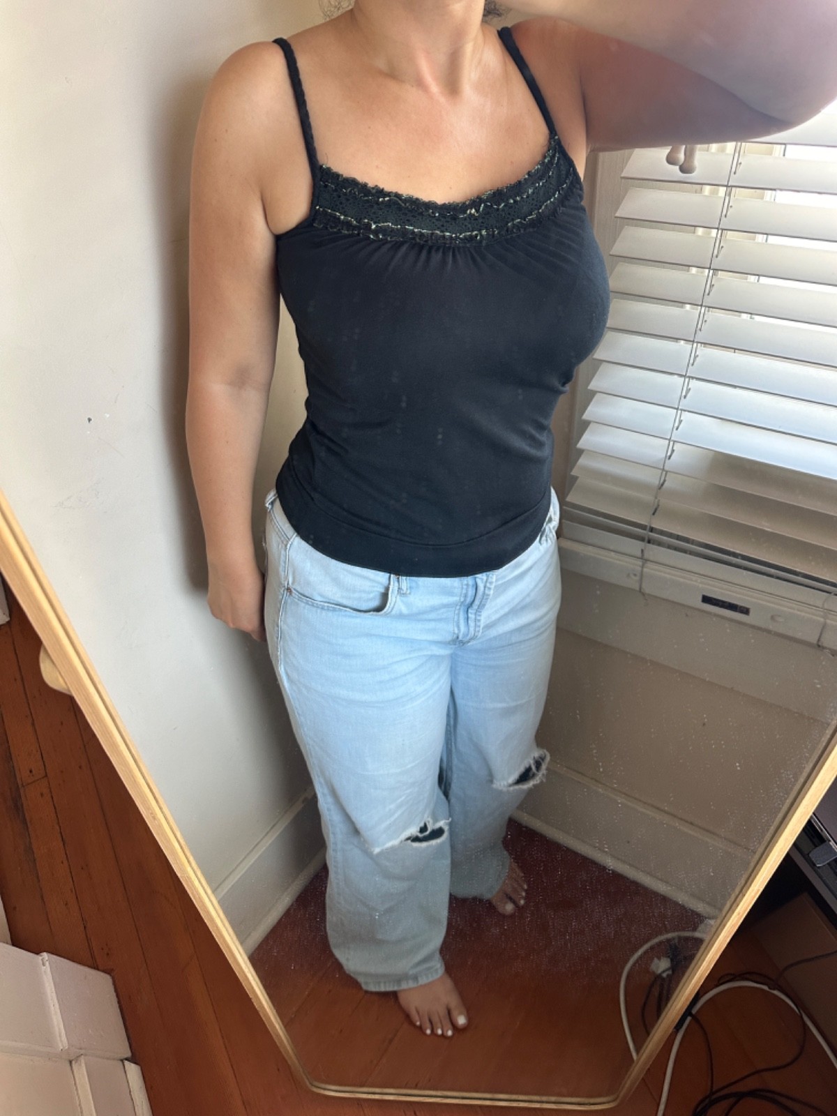 Black Lace Trim Metallic Shimmer Camisole Braided Spagetti Strap Tank Top