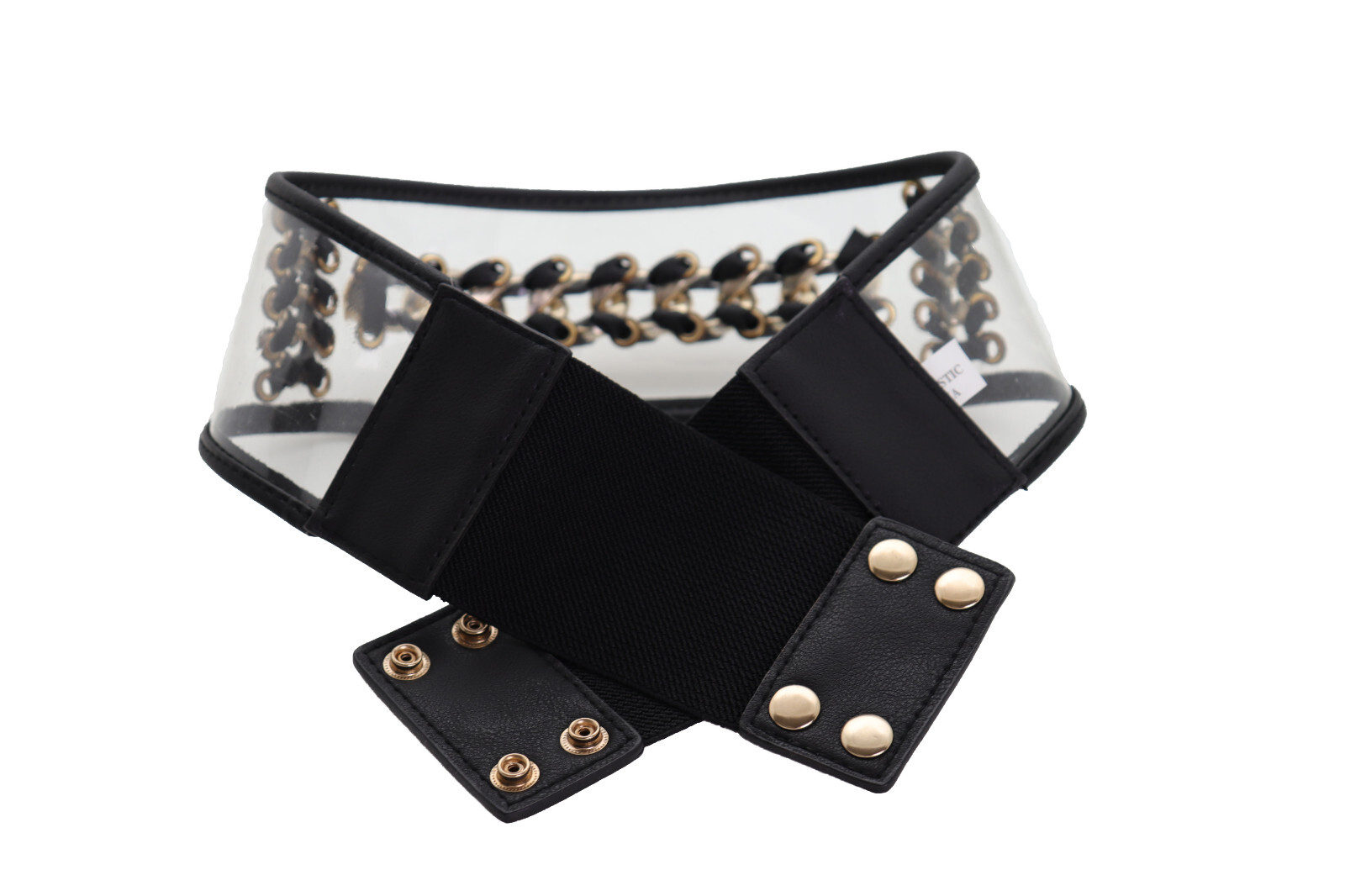 Women Black Elastic Wide Waistband Miami Beach Sexy Belt Gold Metal Chain XS S
