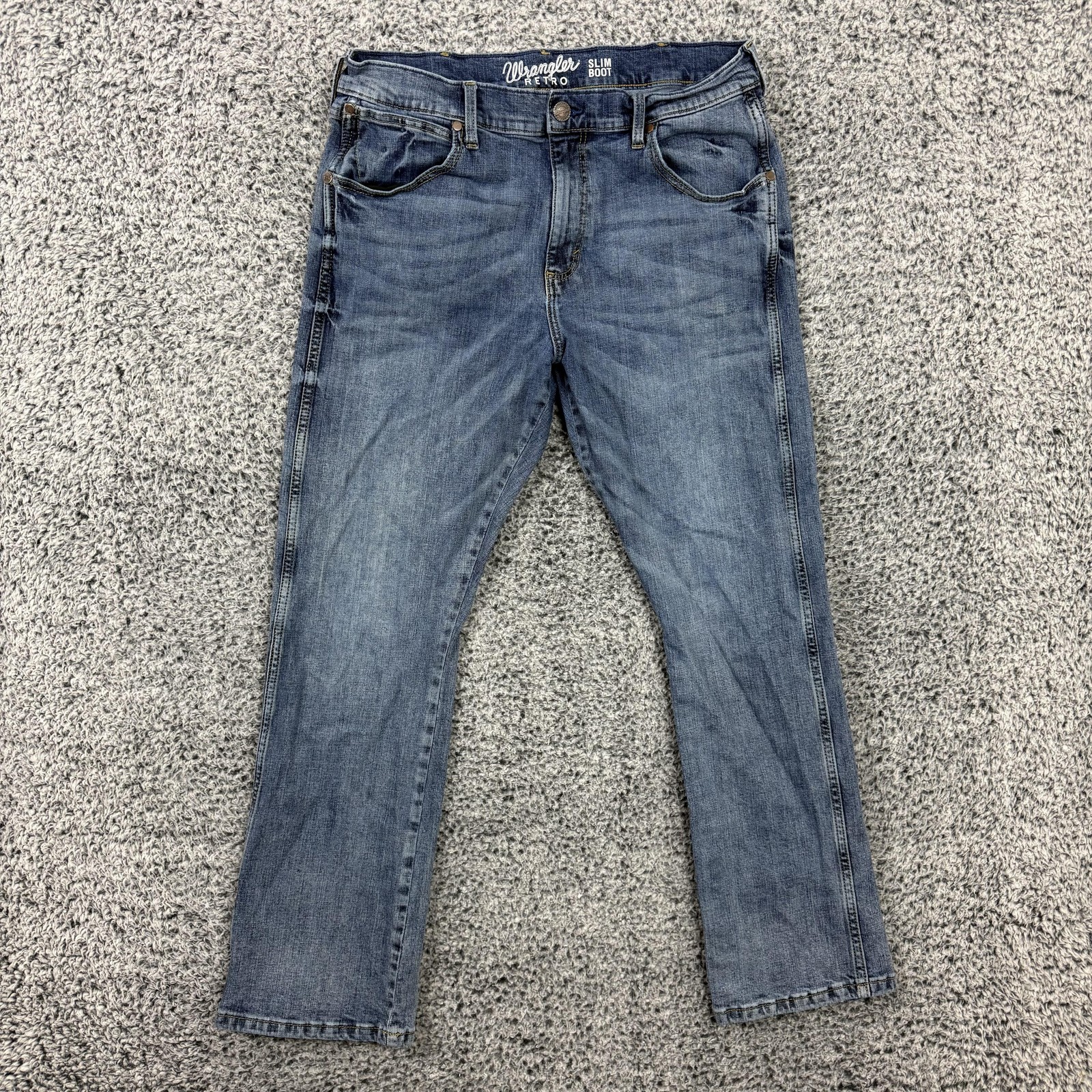 Wrangler Retro Jeans Mens 35×32 Blue Denim Slim Bootcut Stretch Medium Wash