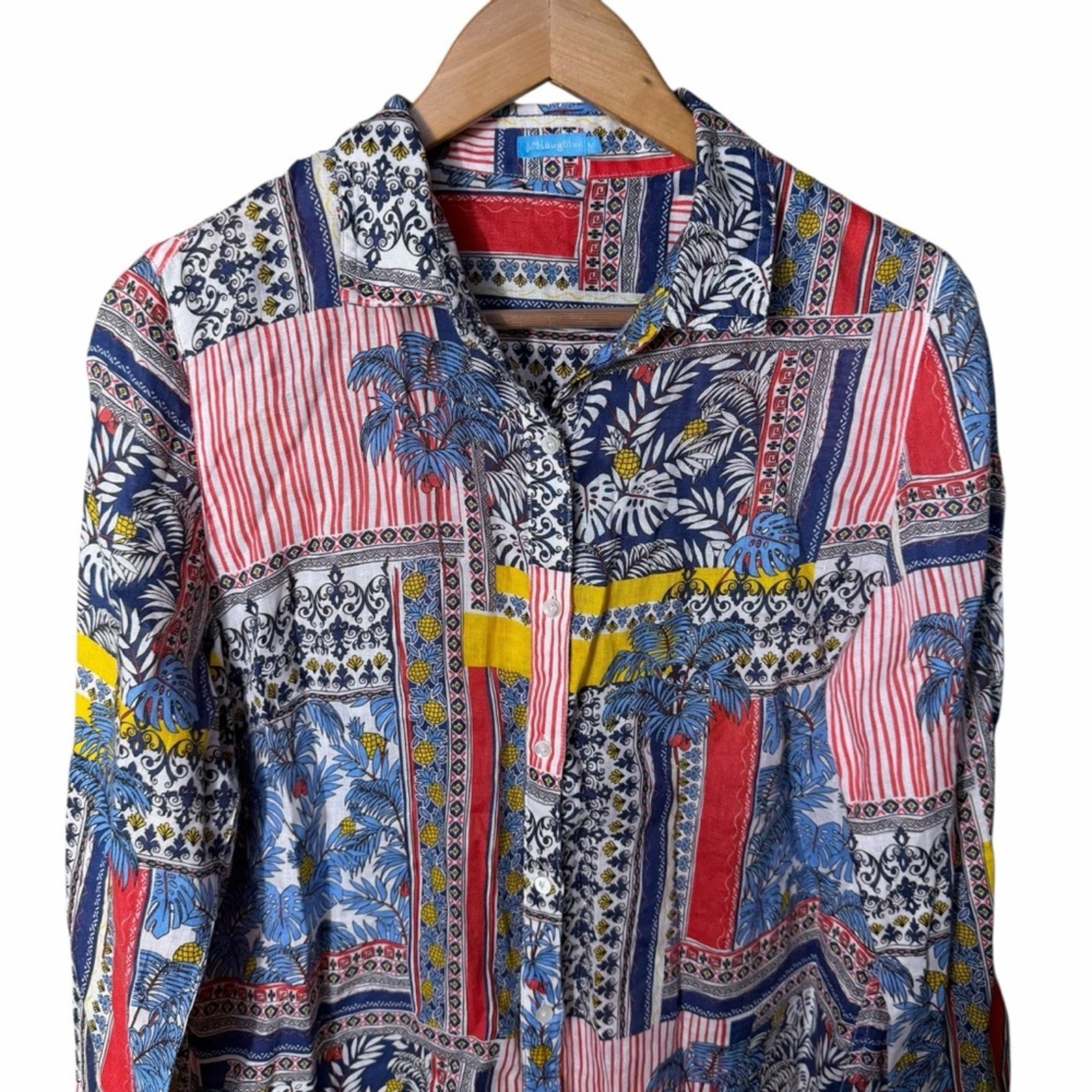 J. McLaughlin Brit Linen Long Sleeve Button Down in Palm Park Size Medium