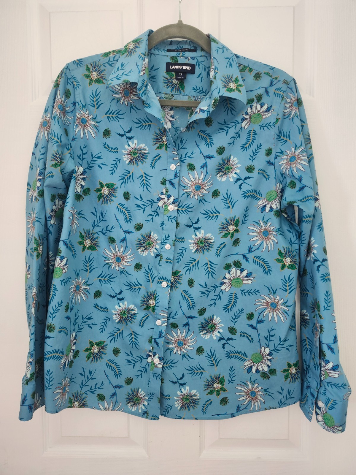 Lands End No Iron 100% Supima Cotton Size 12 Long Sleeve Floral Print Blouse Top
