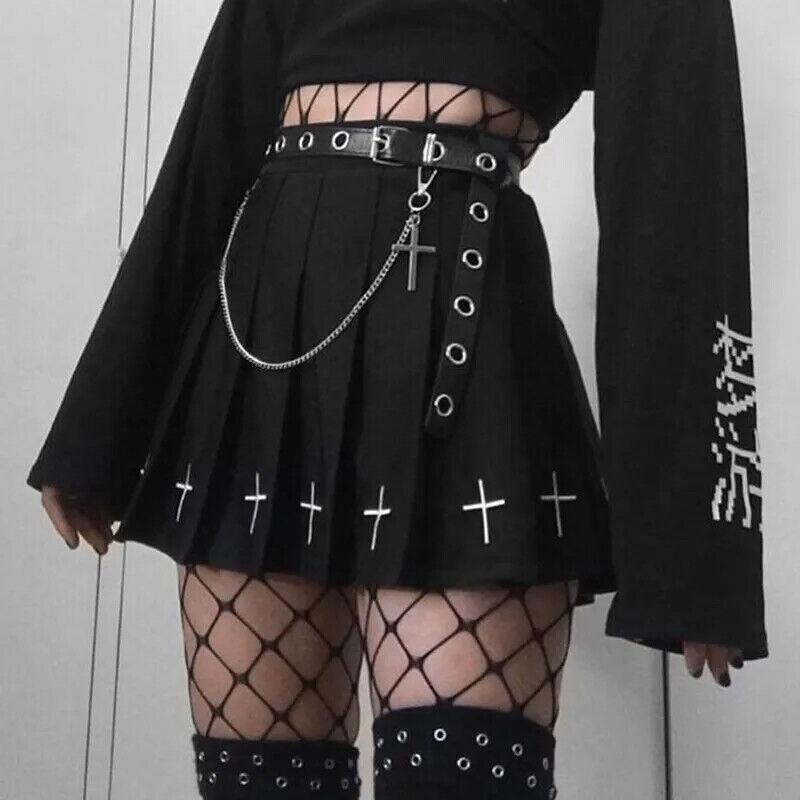 High Waist Mini Skirts Punk Pleated Skirt Gothic Streetwear Cross Print Pleated