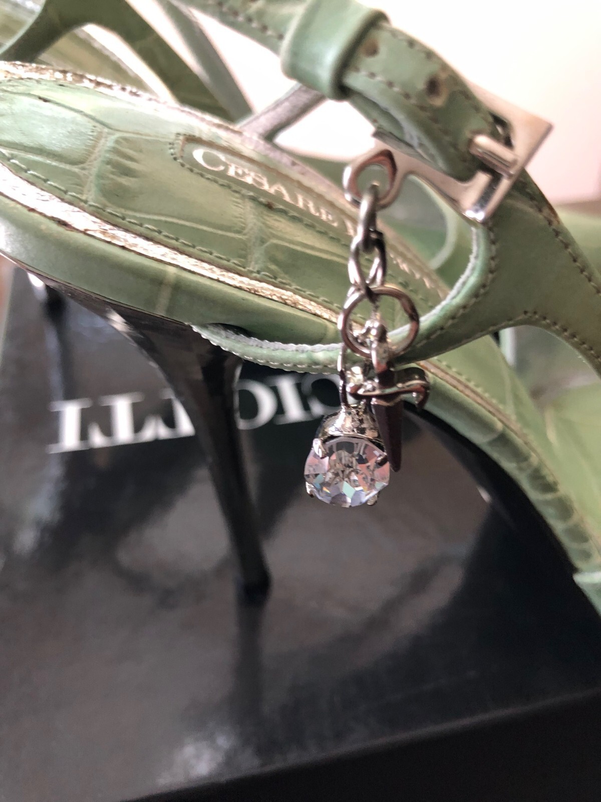 Rare and Unique Cesare Paciotti Dagger Charms Green Stiletto Hills Size 39 US 9