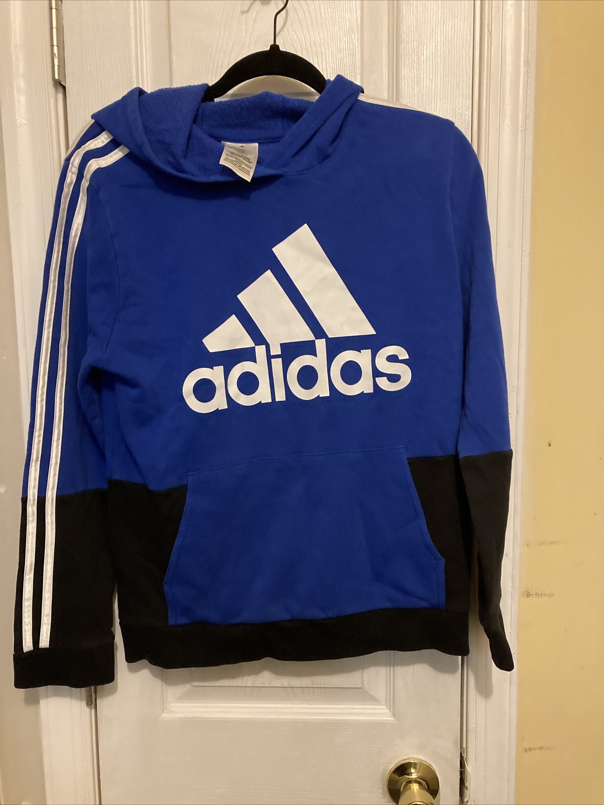 adidas Youth (14/16) Fleece Hoodie Blue/Black & White Striped Front Pocket