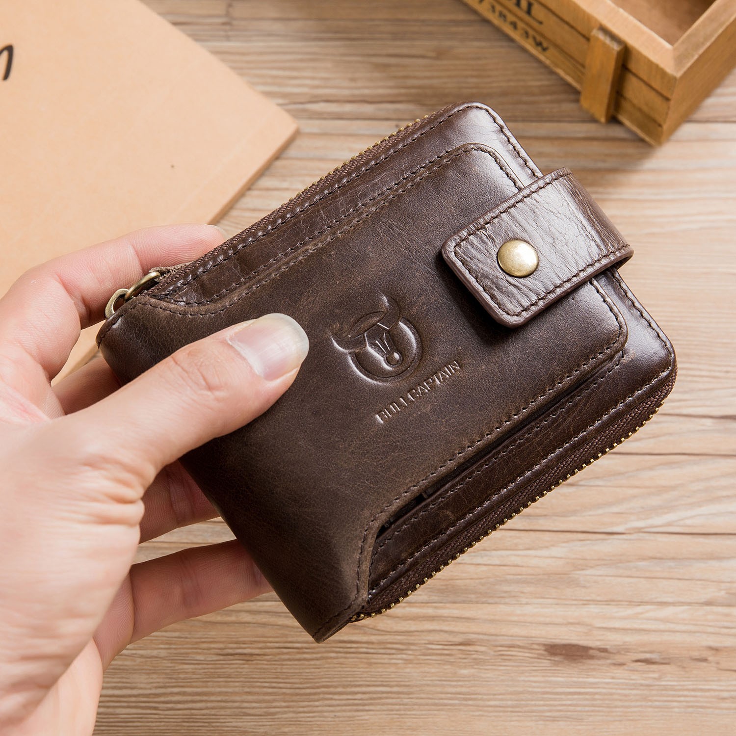 Retro Men Wallet Genuine Leather RFID Blocking Bifold with Zipper Coin Pocket