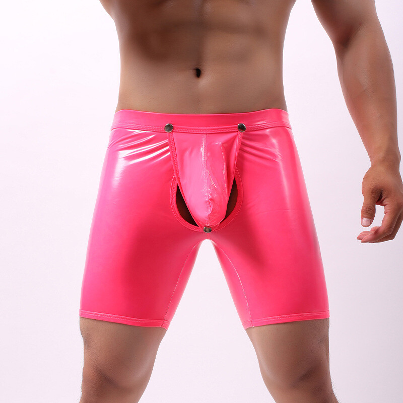 Men Sexy Wet Look Shiny Boxer Briefs Trunks Underwear Removable Button Pouch