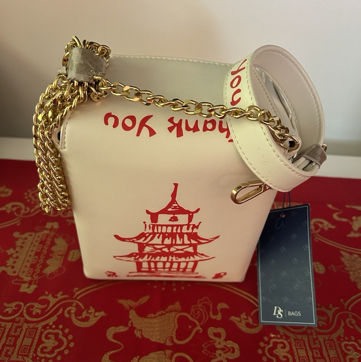 DS BAGS White Graphic Print Small Box Crossbody Bag Gold Chain Snap Closure