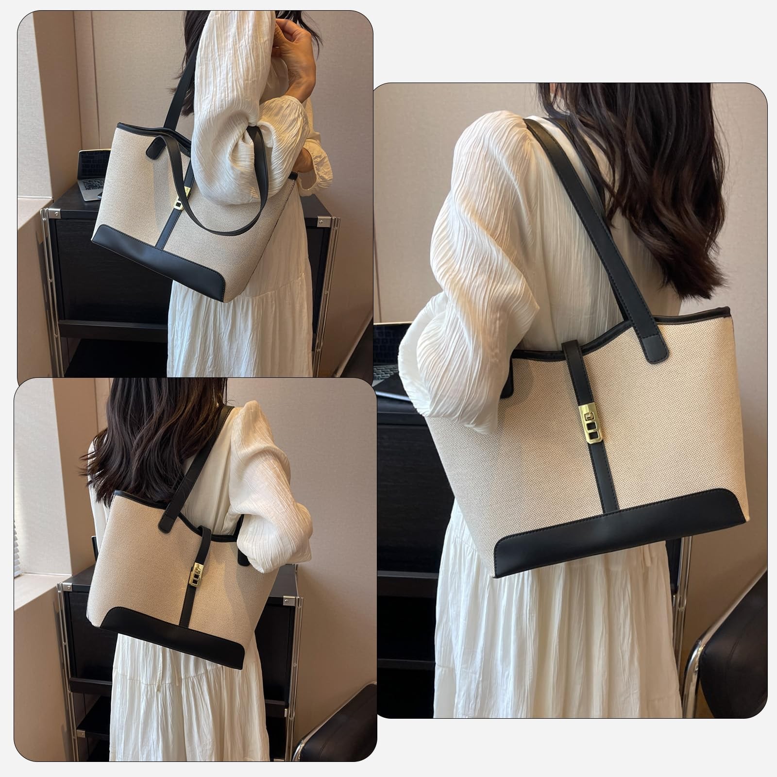 Canvas Tote Bag for Women, Large Shoulder 11.6 x 4.7 x 9.8 inches, Black