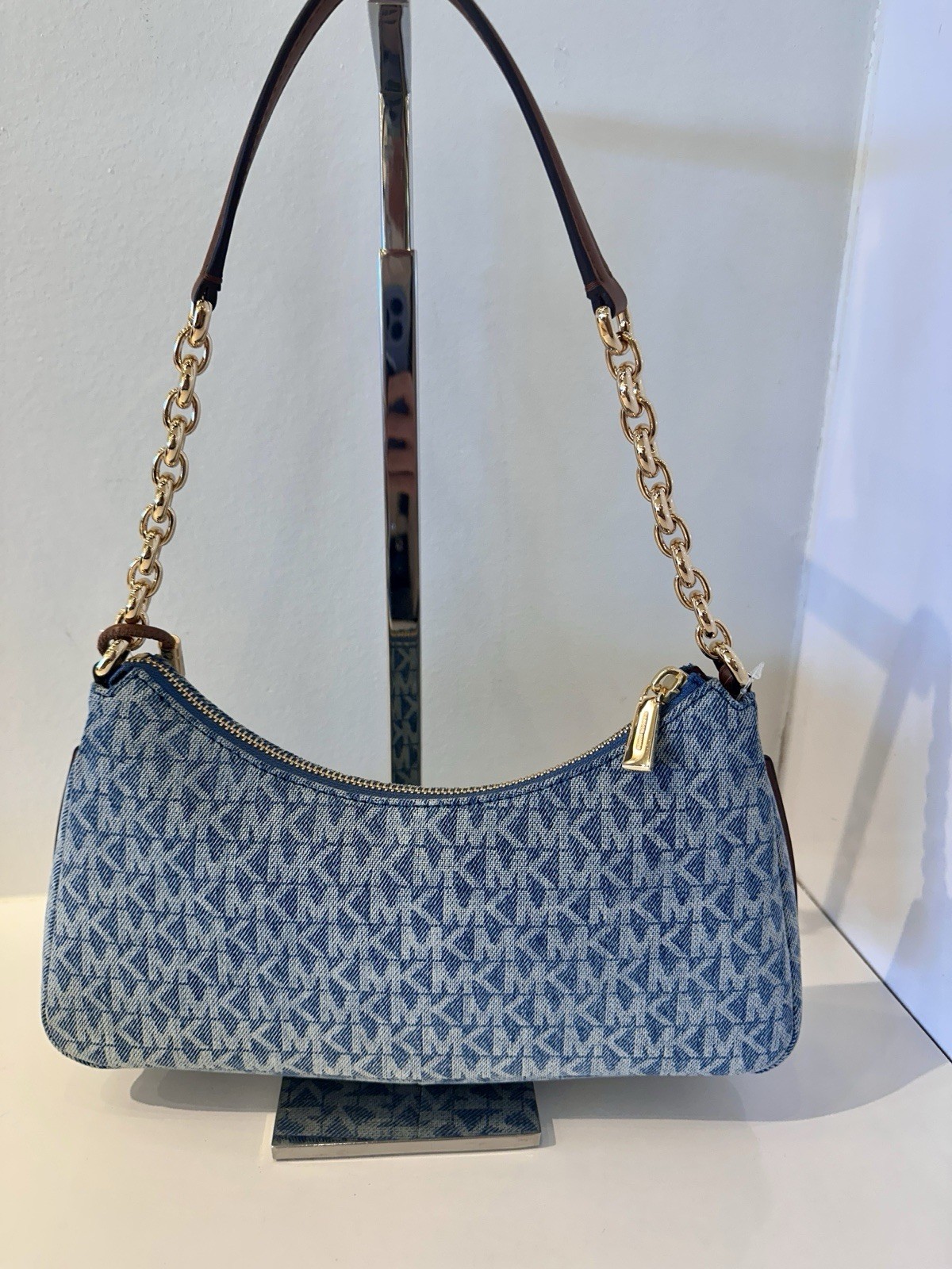 Michael Kors NWT Nolita Medium Signature Logo Print Denim Chain Pochette