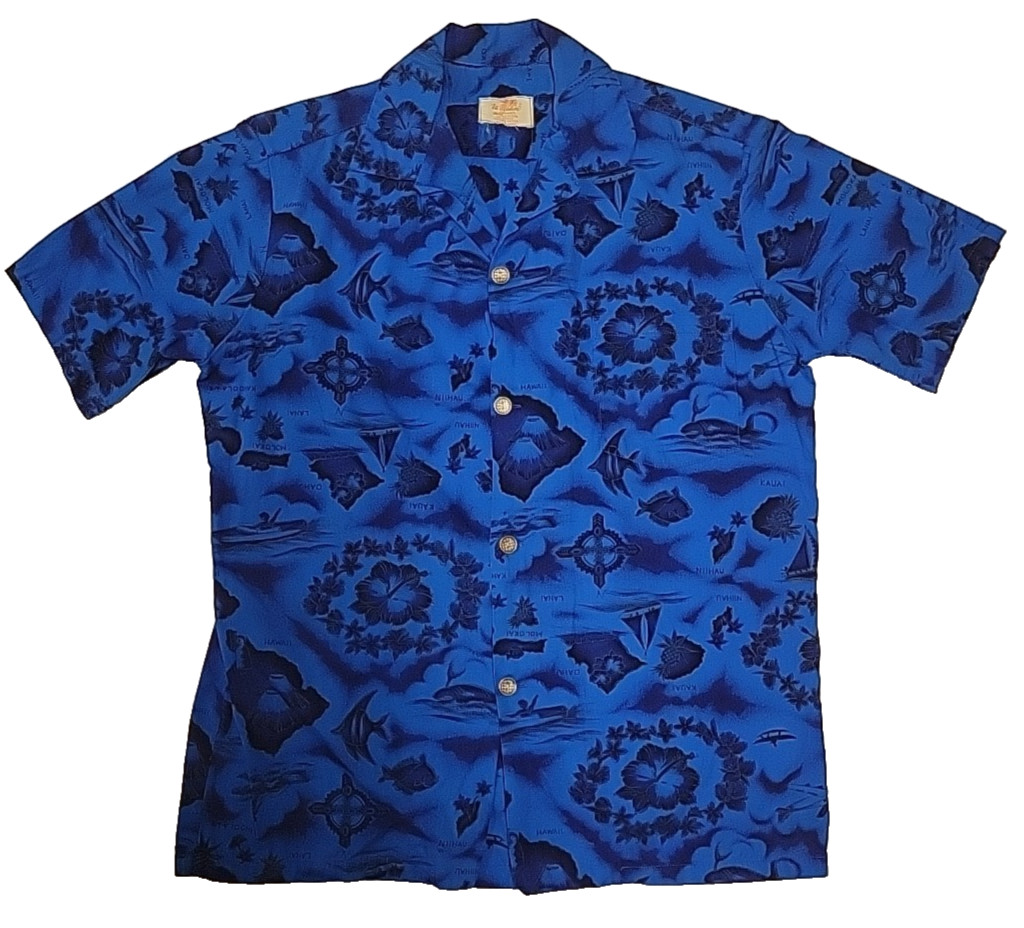 Ui-Maikai Hawaiian Shirt Mens Small? Blue Floral Nautical Compass Vintage