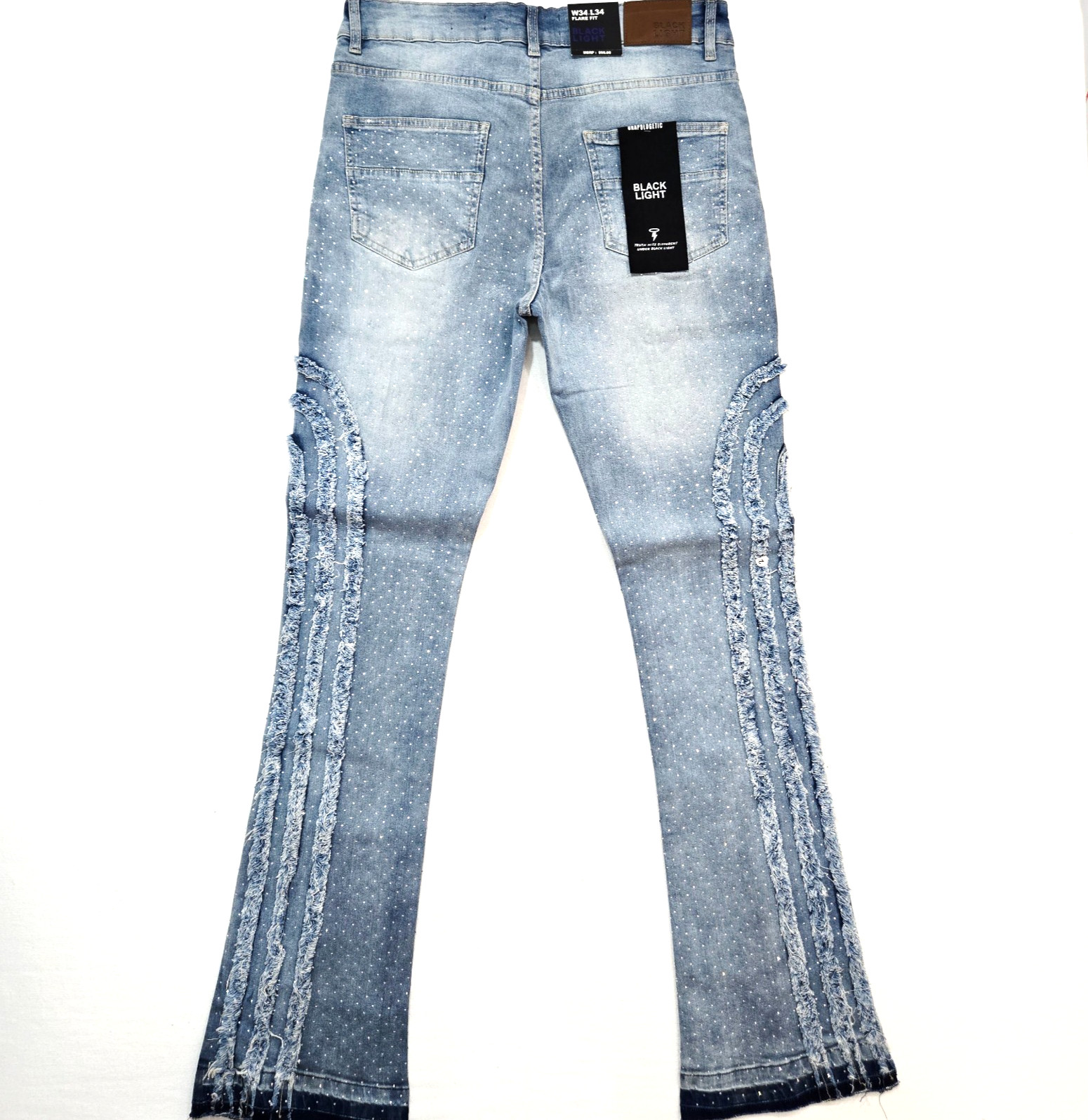 Black Light Men Jeans Stretch Slim Straight Flare Fit Med Blue Denim Rhinestone