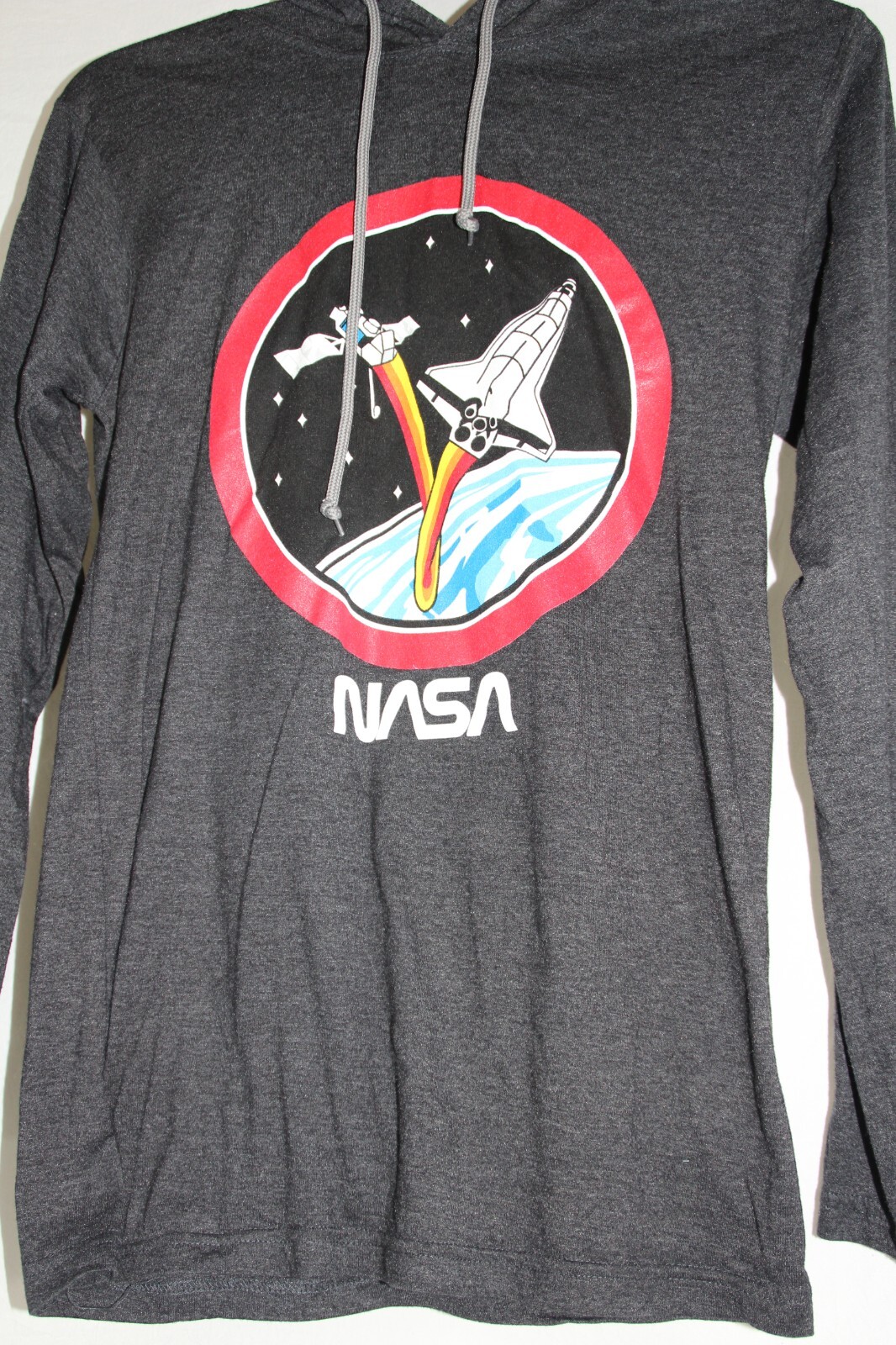 NASA Vintage Rocket Logo Long Sleeve Hooded Light Weight Shirt Size Small TeeLuv
