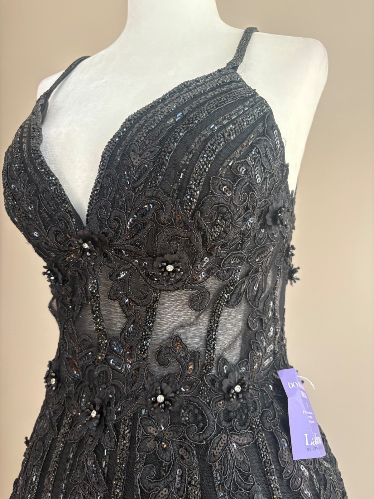 Ladivine by Cinderella Divine NWT CD994 Black Beaded Illusion Tulle Gown Size 4