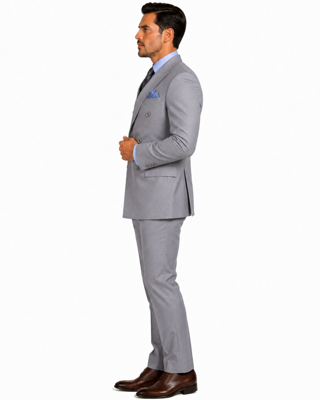 Vinci Men Light Gray Solid Color Double Breasted Regular Fit Suit Elastic Waist