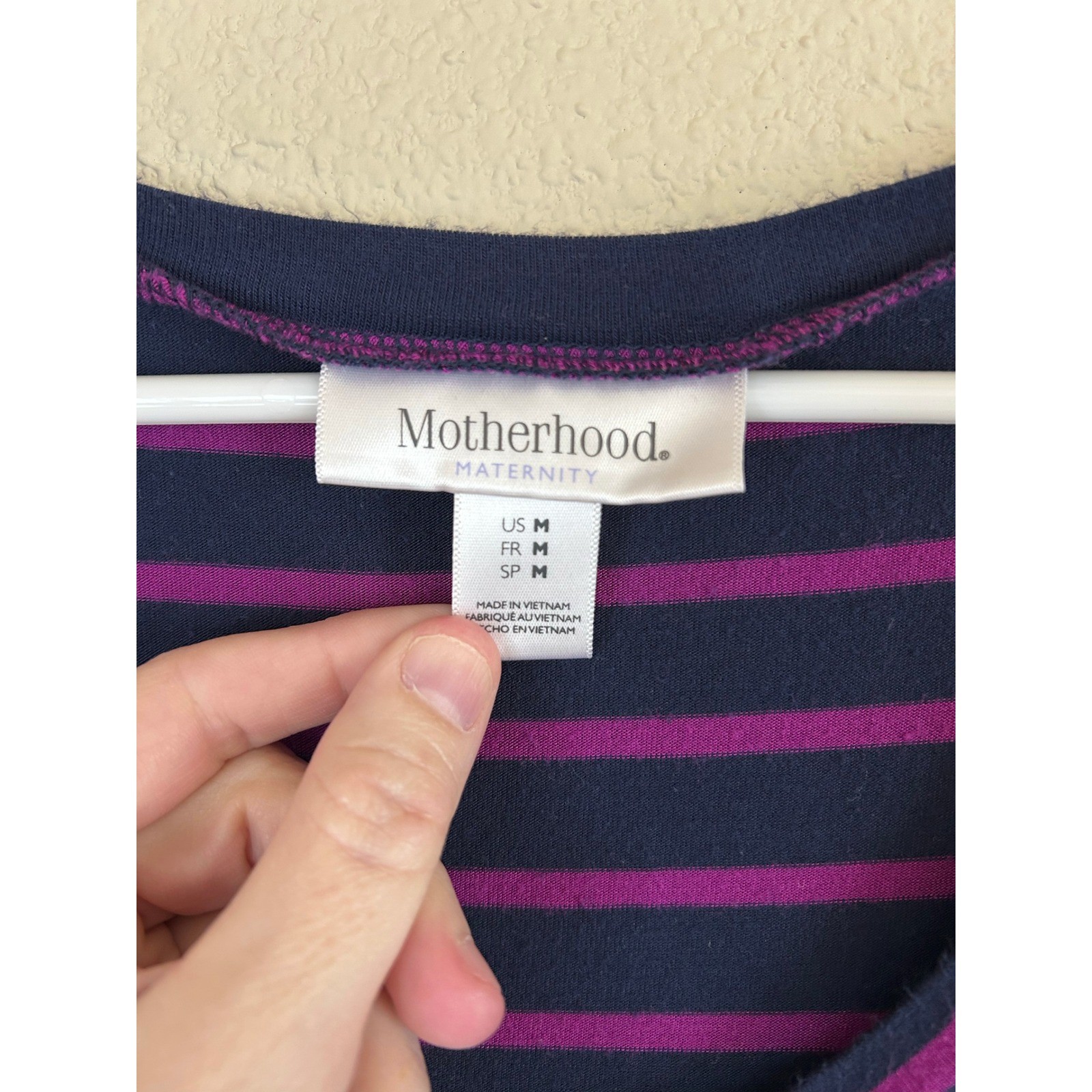 EUC Motherhood Maternity Midi Stretch Striped Purple Short Sleeve Dress Medium M