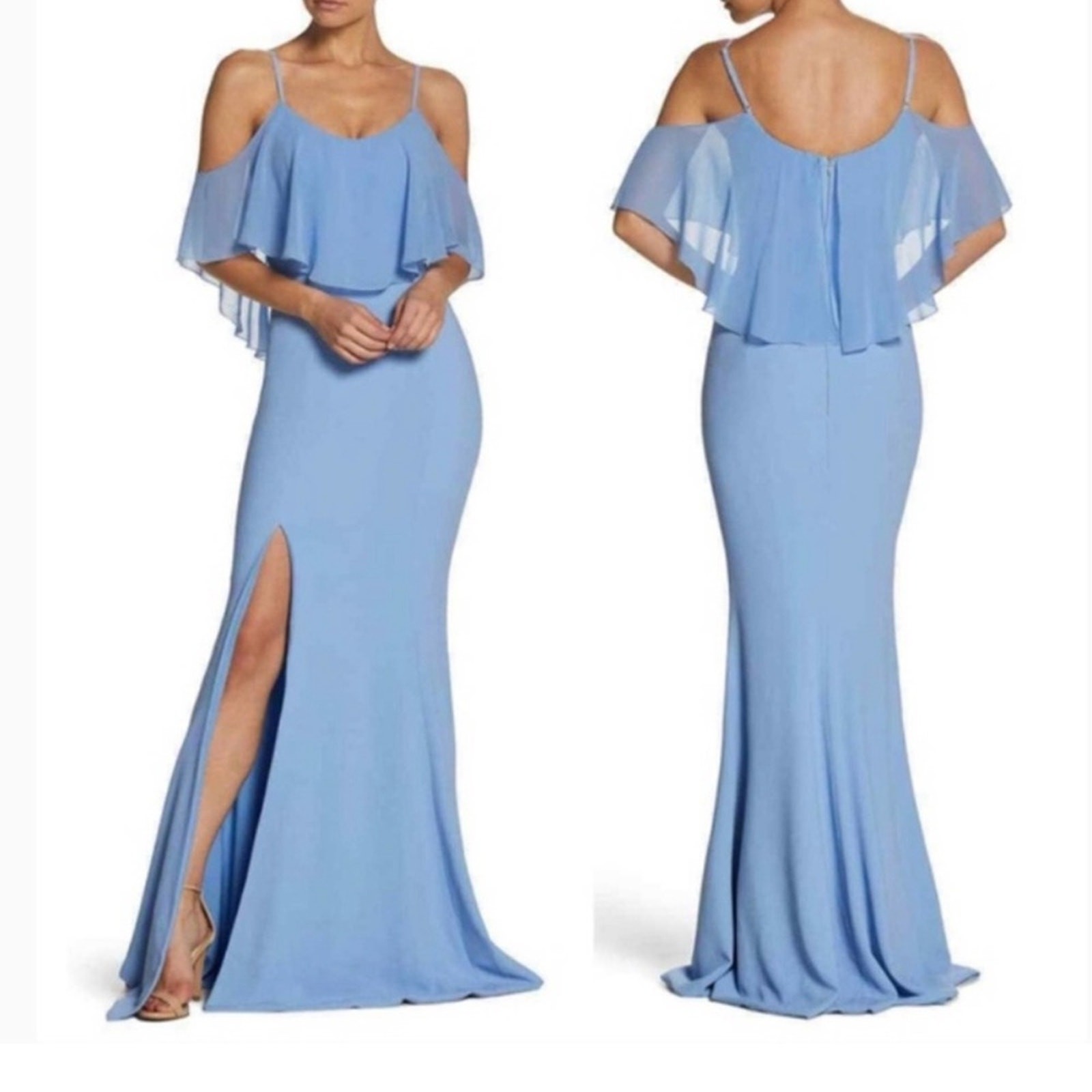 Dress The Population Diana Dress Size M Medium Front Slit Maxi Blue NWT