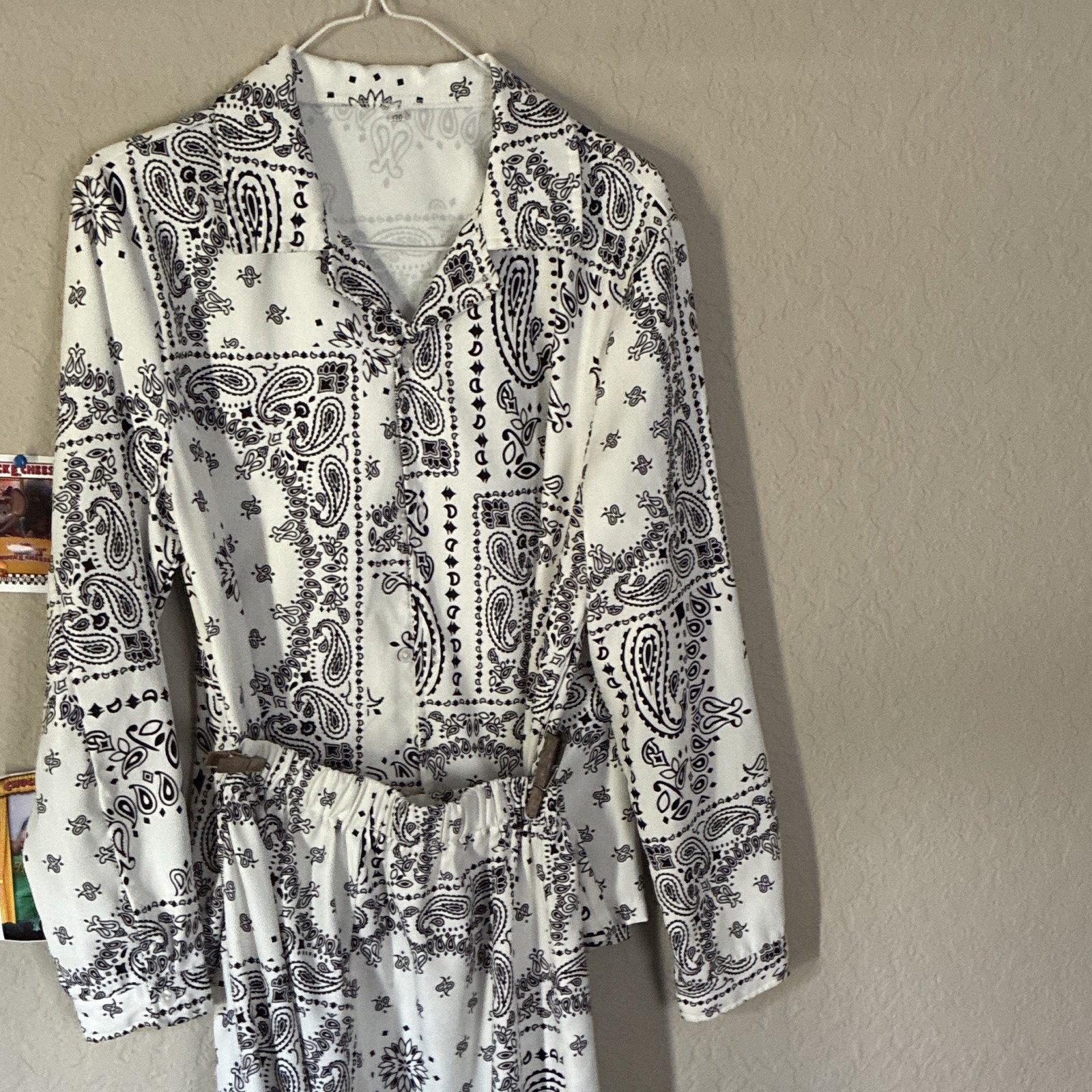 Unisex Adults M Black & White Paisley Long Shirt Dress Collared Button