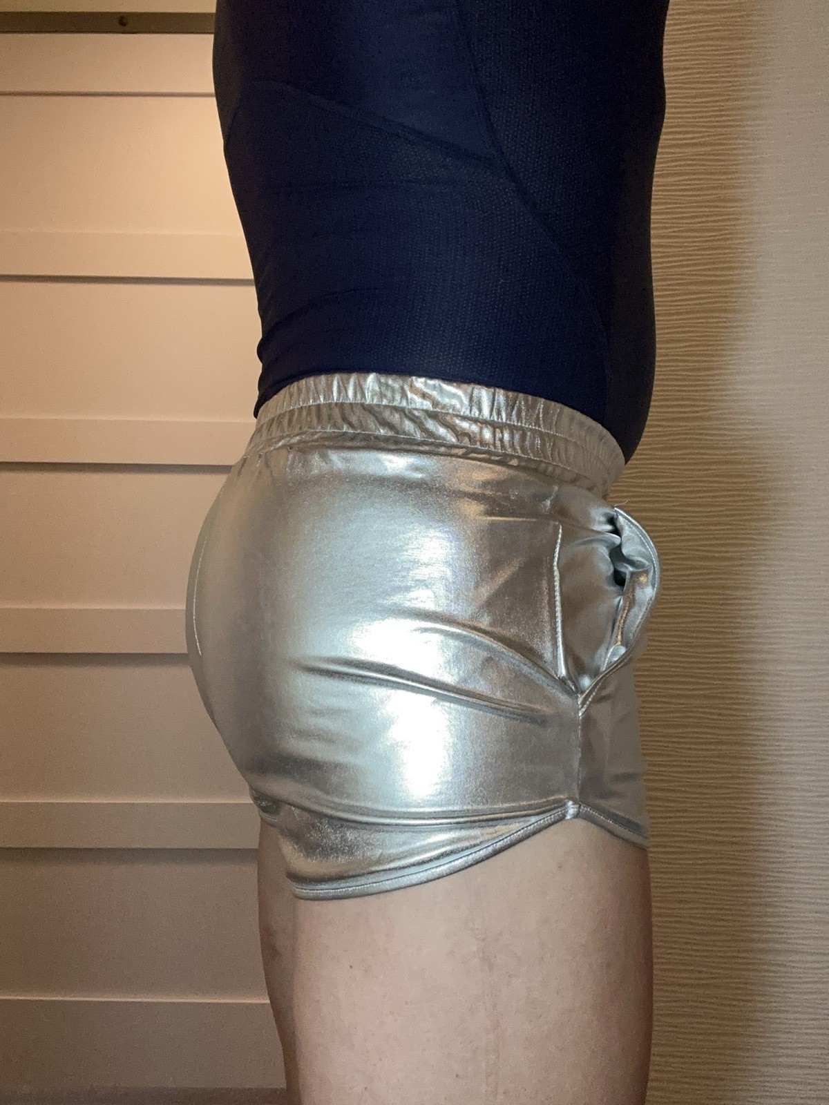 Mens/Unisex M Silver Shiny PVC Vinyl Shimmer Short Shorts. Pockets