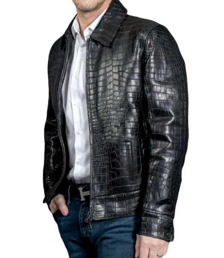 Mens Leather Crocodile Embossed Jacket Biker Black Alligator Jacket LIMITED SALE