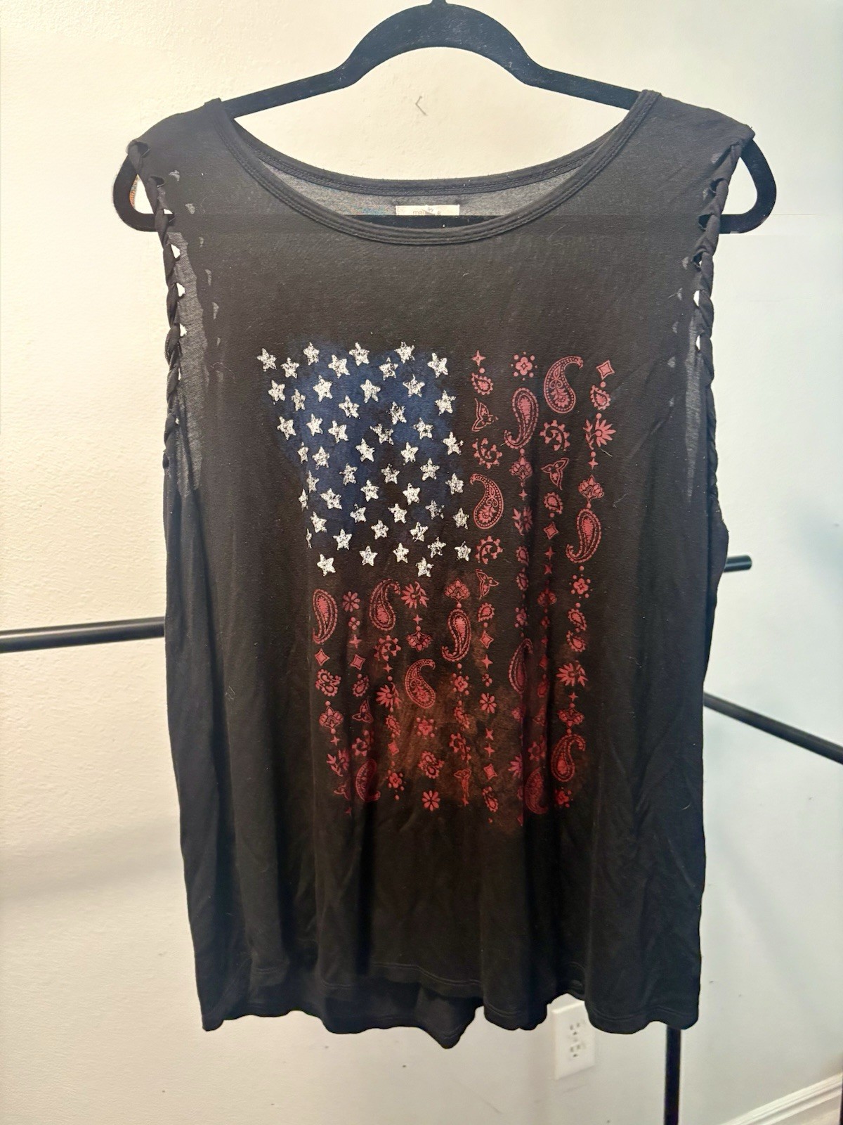 maurices Women’s Black Scoop Neck Decorative sleeve USA Flag Tank Top XL