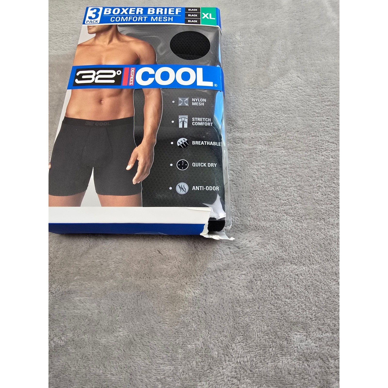32 Degrees Boxer Brief Men XL Black 3 Pack Comfort Mesh Nylon Stretch Breathable