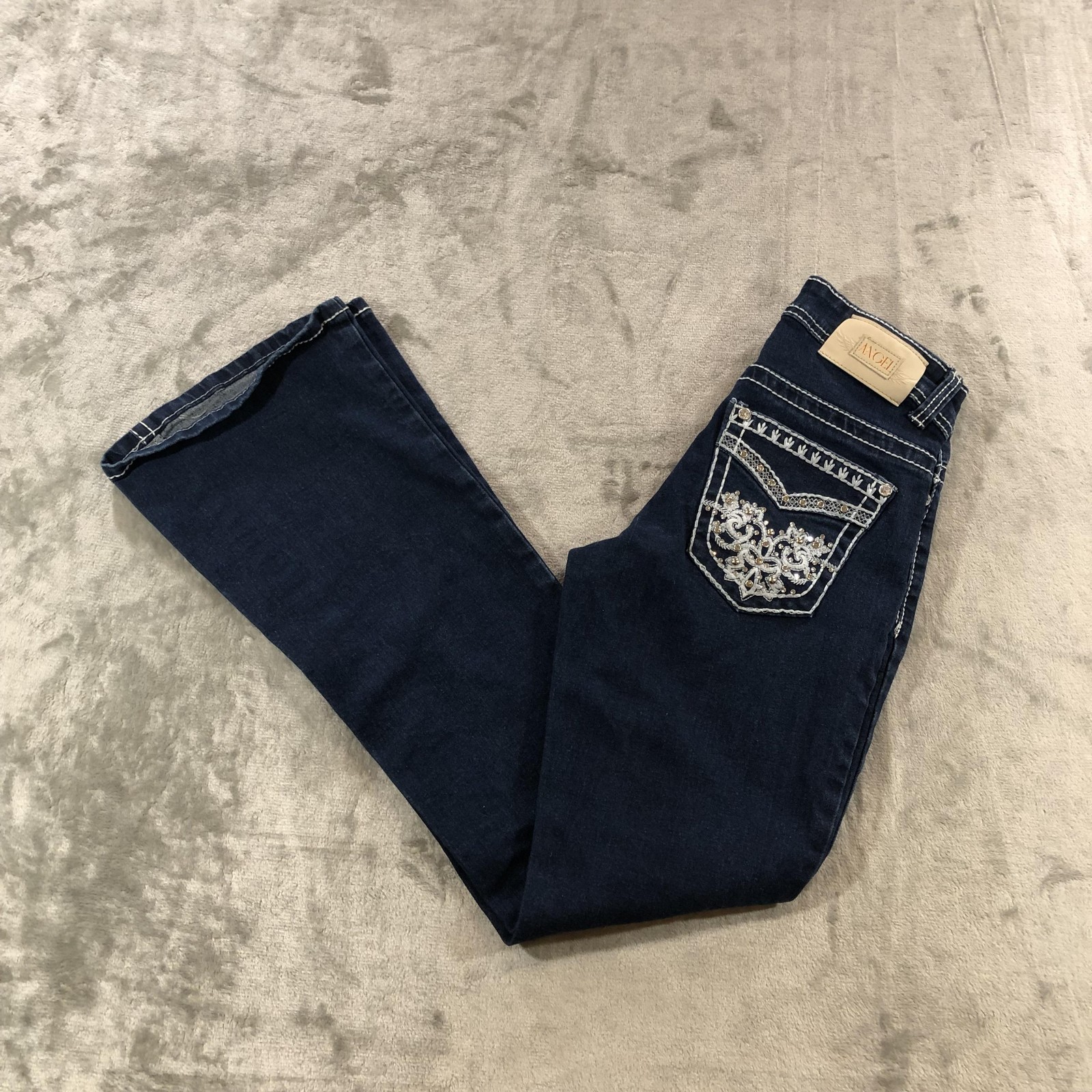 Angel Jeans Womens 1/23 Dark Wash Blue Bootcut Embroidered Rhinestone Denim