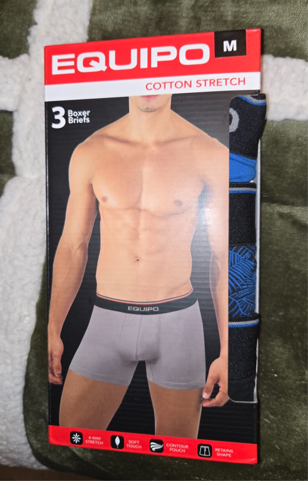 Equipo Men’s Cotton Boxer Briefs 3-Pack Assorted Blue/Blue Print/Black, Size M