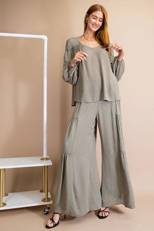NWT S EASEL FADED OLIVE “ANY SEASON” SWISS DOT Tiered WIDE LEGS PANTS BHCS