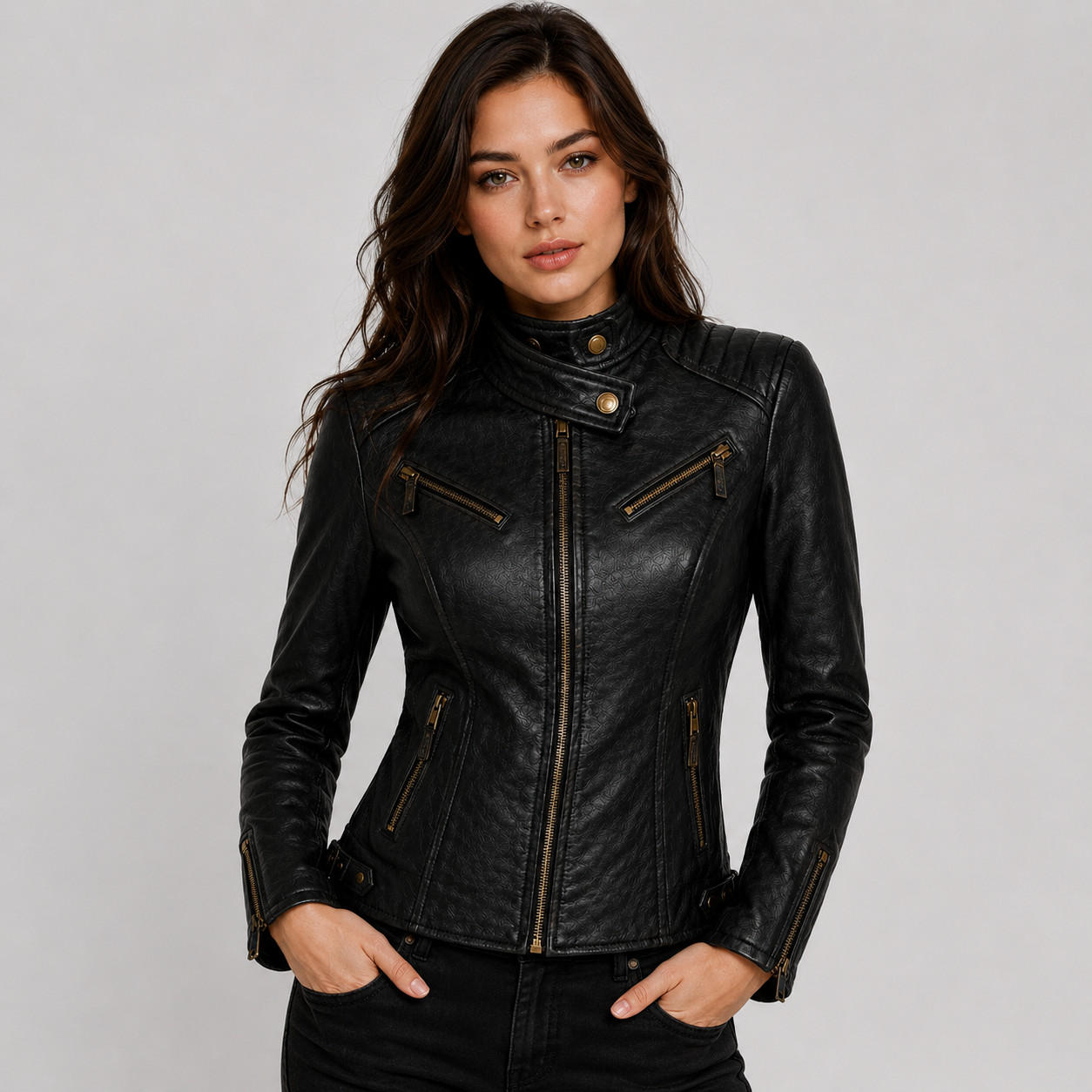 Women’s Black Leather Jacket – Vintage Moto Biker – Slim Fit – Style Outerwear