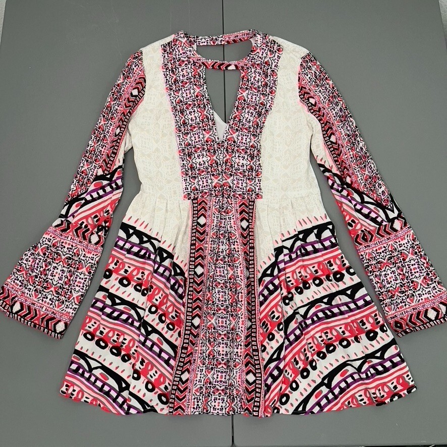 Free People Dress Women Dress 4 Pink Tegan Mini Dress V Neck Long Sleeve Boho