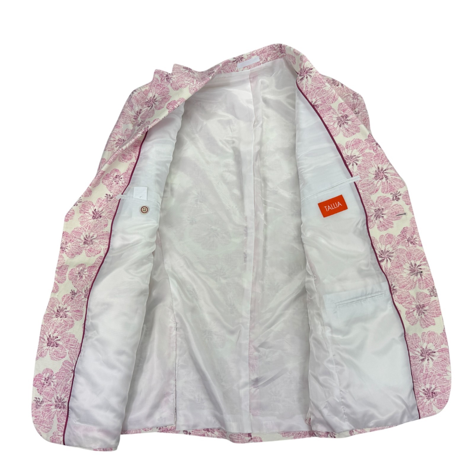 Tallia Mens Slim Fit Floral Print Linen Rayon Sport Coat White Pink 40R