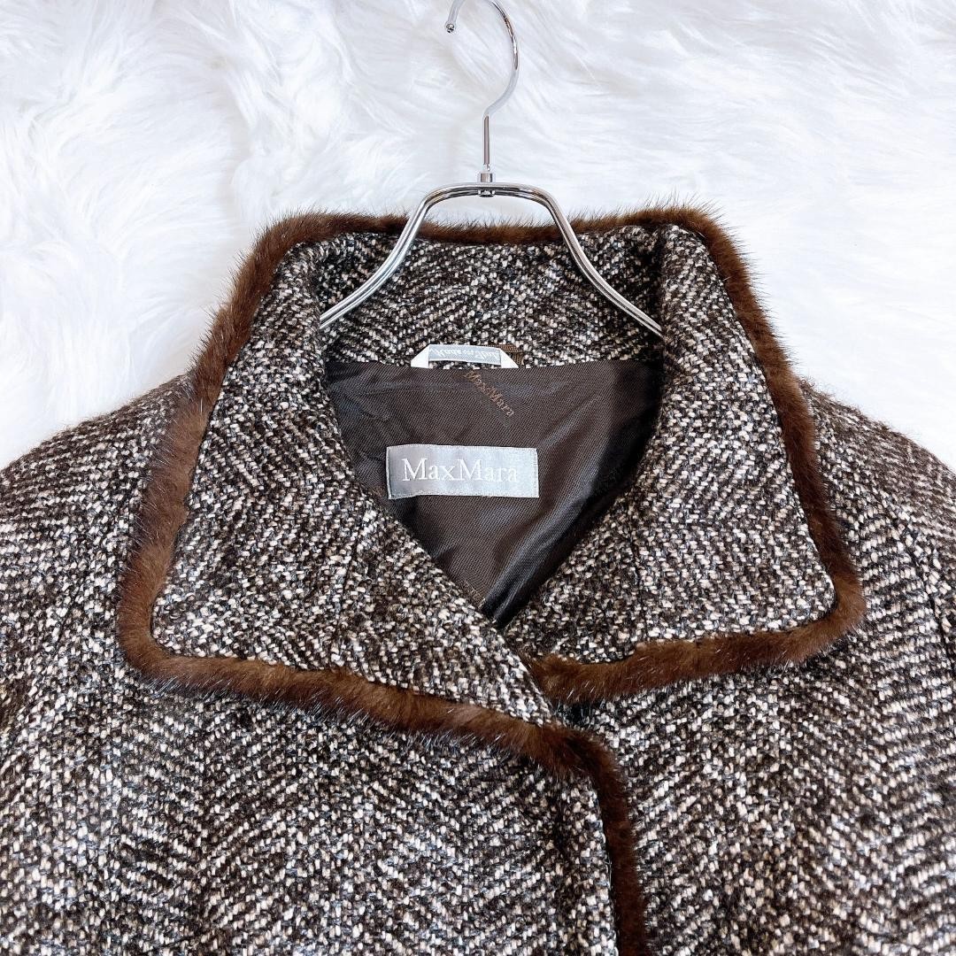 Max Mara mink fur coat, wool, brown tweed, size L