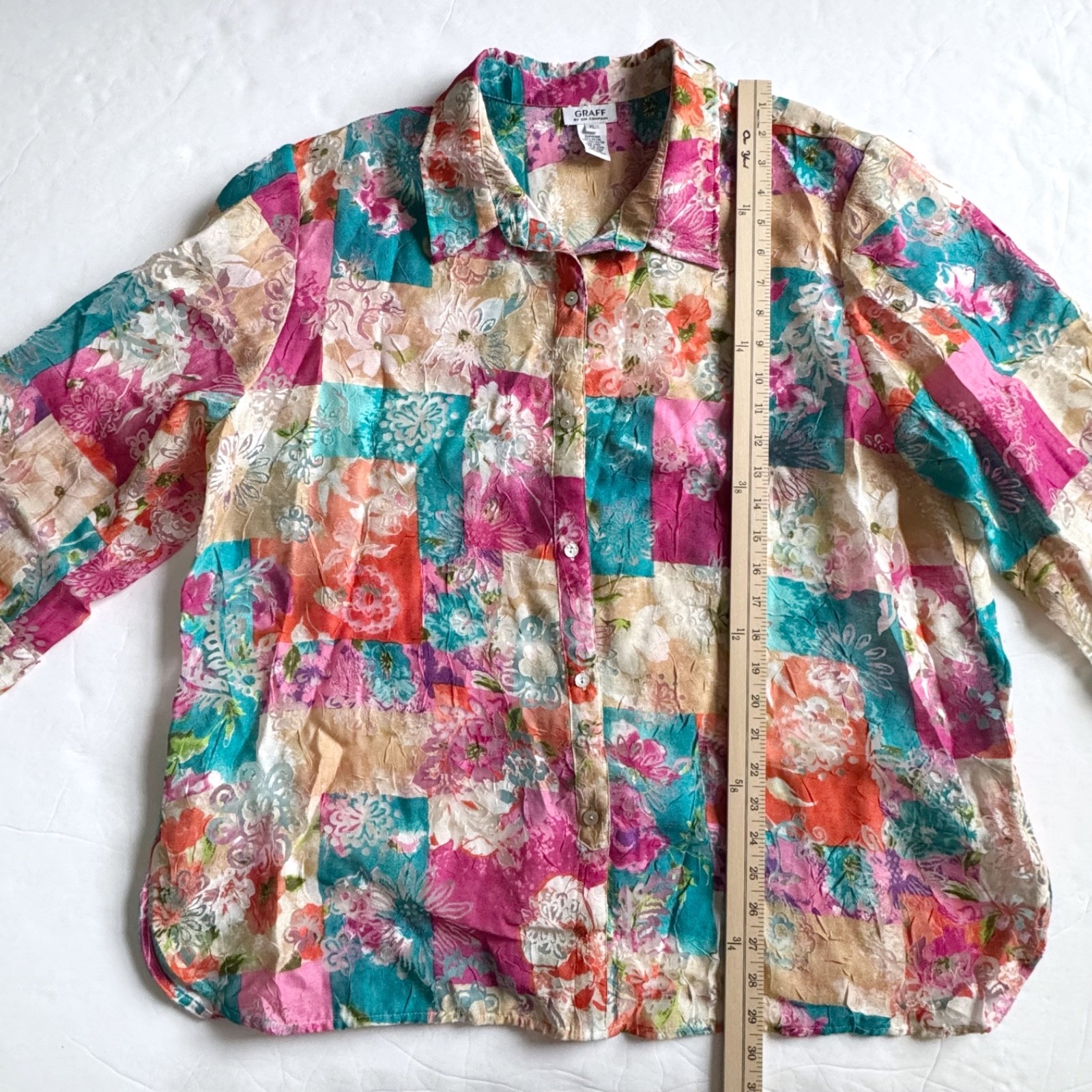 Vintage Graff Floral Patchwork Button Up Shirt XL Whimsical Boho Artsy Funky