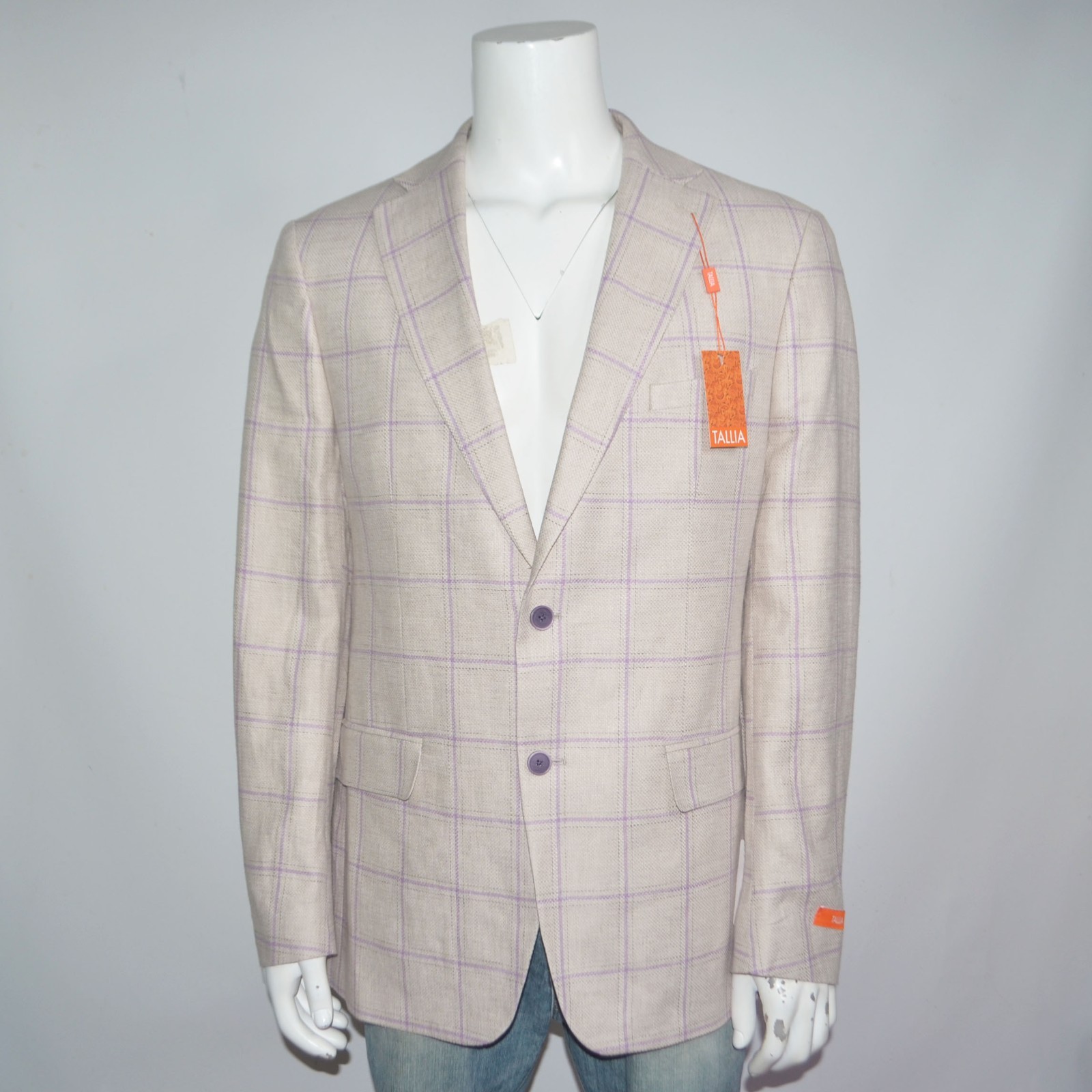 NWT TALLIA Linen Blend Blue Tan Purple Windowpane Sport Coat Sz 44L