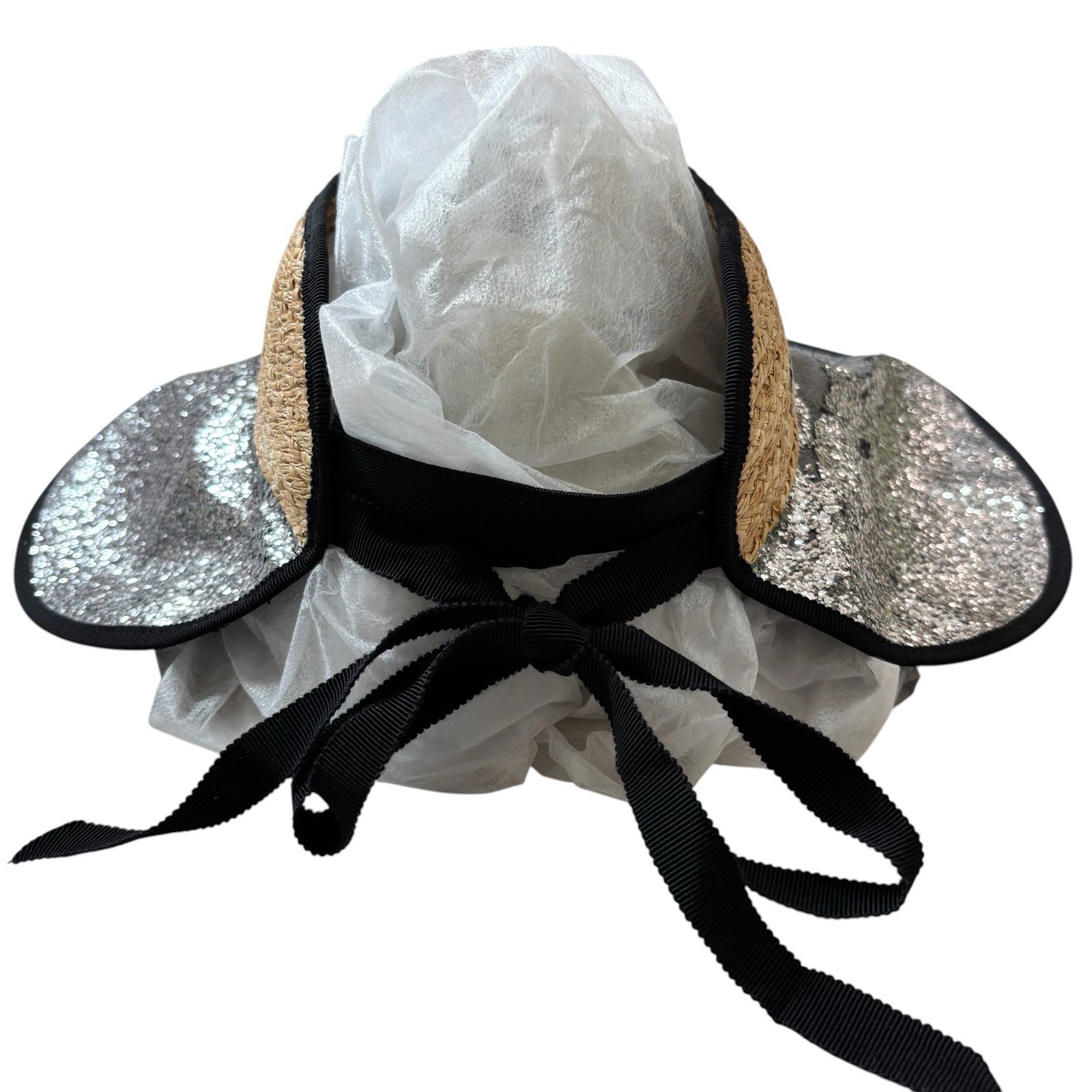 Miu Miu Glitter Sun Visor Hat Silver Black Straw Vintage Archive Italy Y2K S