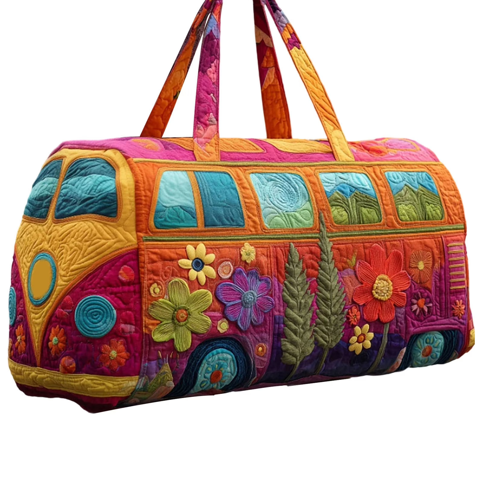 Unisex Boho Quilted Weekender Bag – Large Hippie Van Quilted Duffle Bag Carry-on