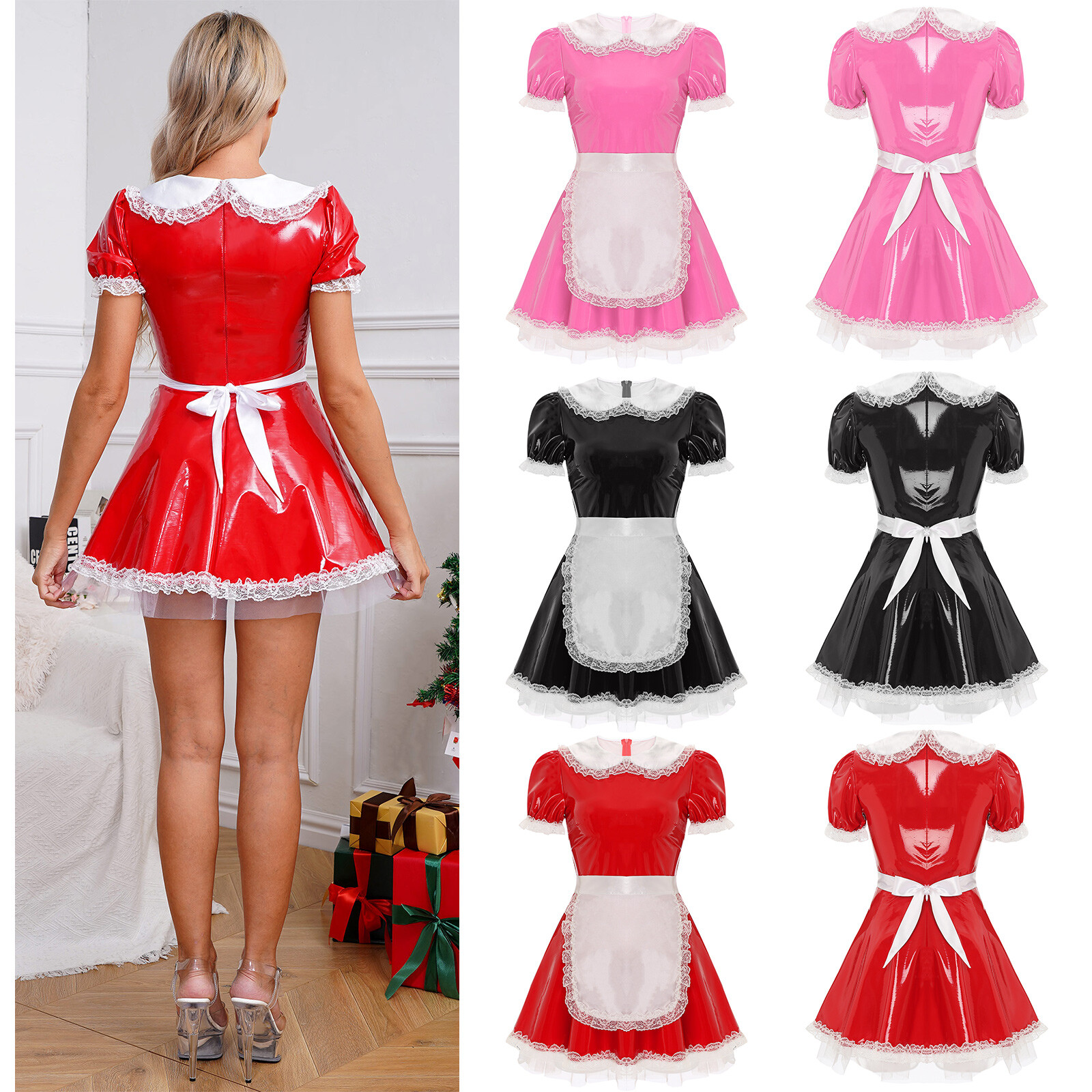 US Womens Uniform Outfit French Maid Costume A-Line Servant Dress Patent Leather