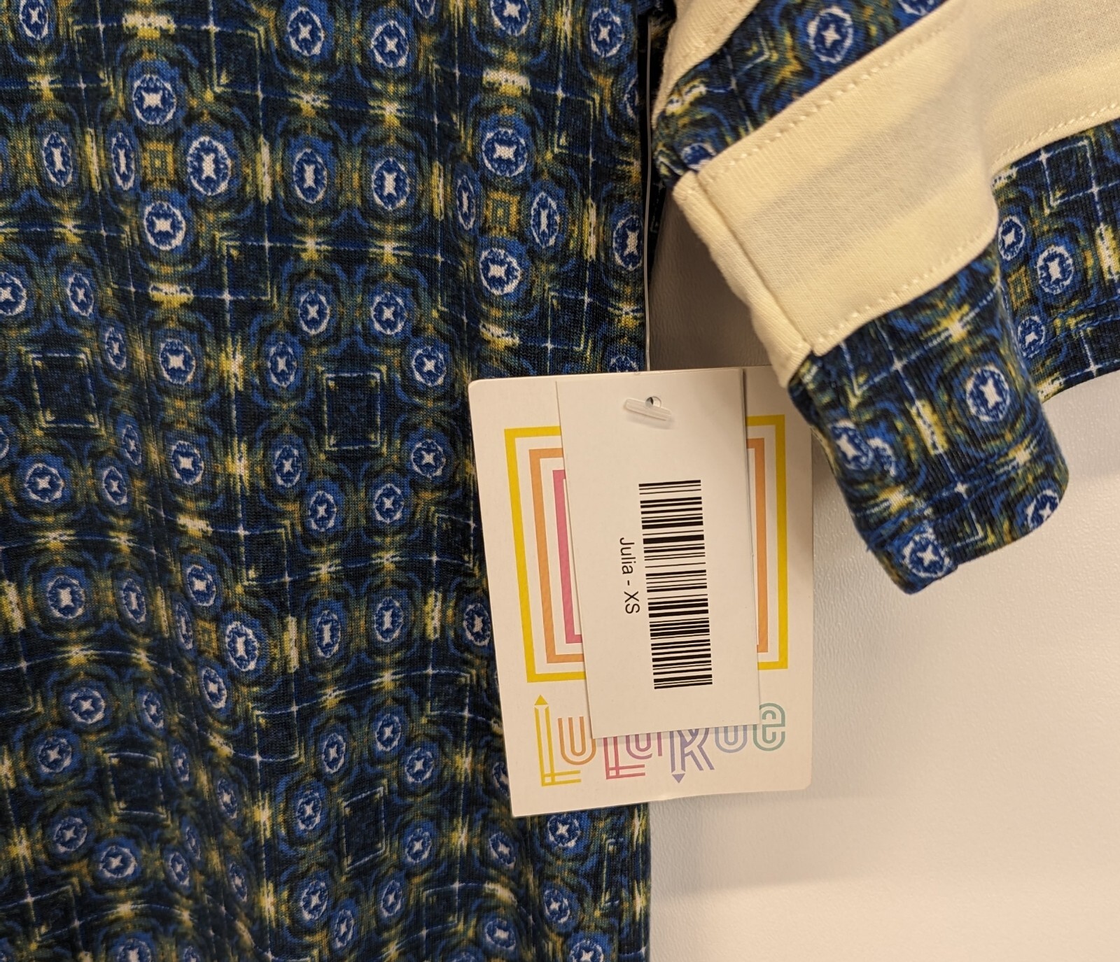 LuLaRoe Julia Blue With Multicolor XS NWT Form Fitting Fit Sz 2-4