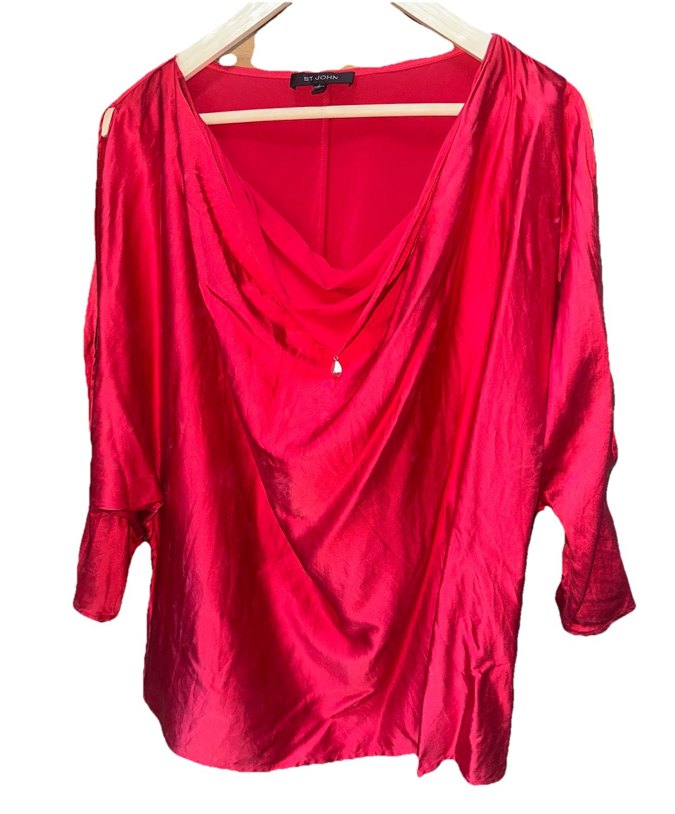 St. John Red Silk Dolman Split Sleeve Open Shoulder Blouse Top Sz XL