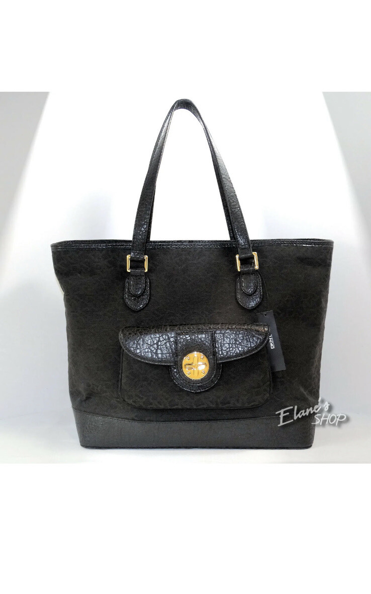 DKNY Authentic Signature t&c w/CIRCLE TURN-LOCK Black Tote HANDBAG NWT
