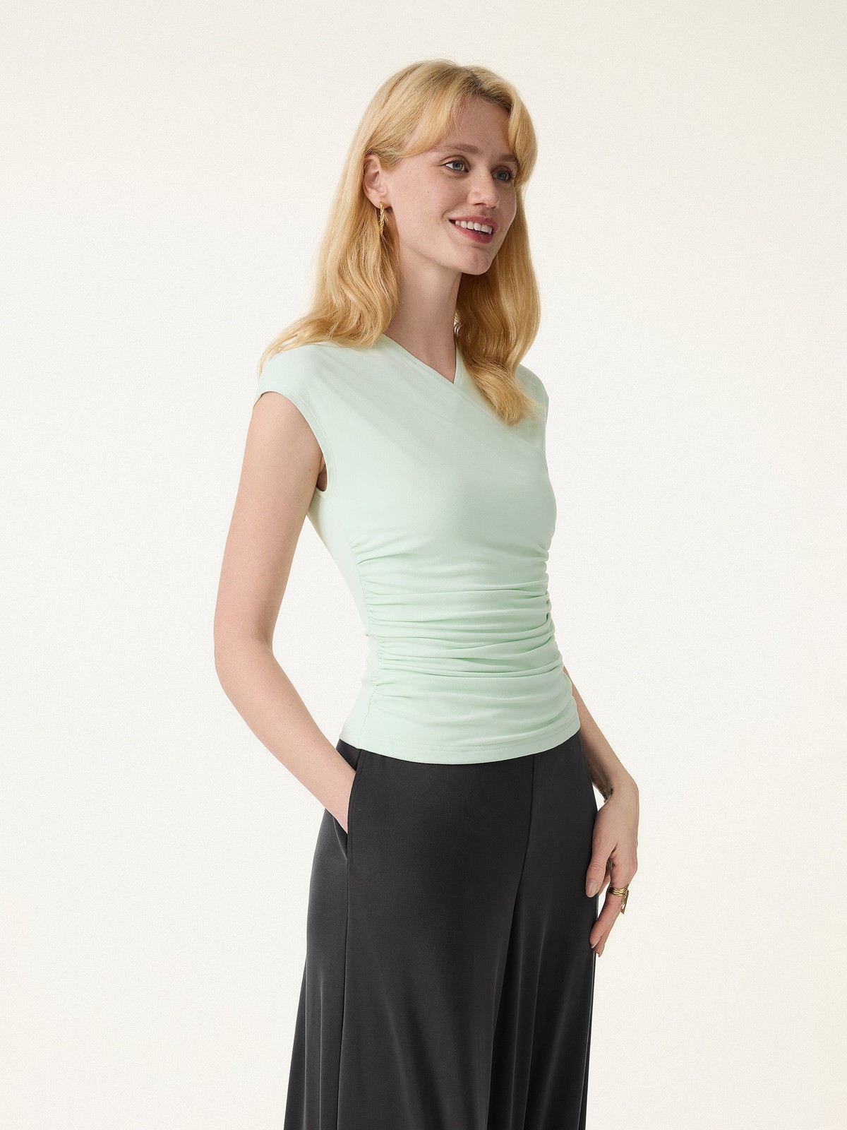 OGL SkinKiss Cooling Surplice Ruched Cap Sleeve Summer Top