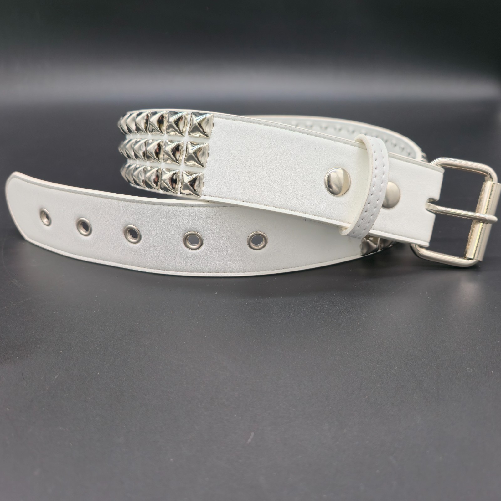 White Vegan Leather Three Row Pyramid Stud Belt Punk Goth Metal Funk Plus