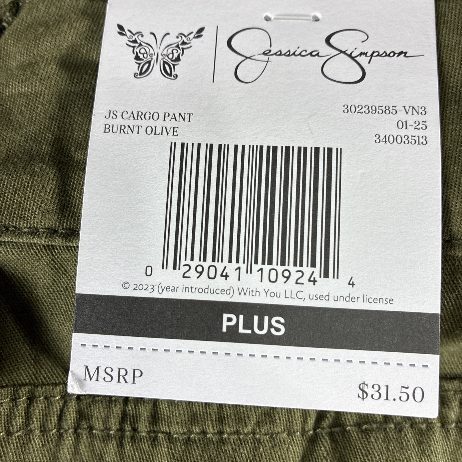 NEW Jessica Simpson Burnt Olive Green Cargo Adjustable Leg Pants, Sz 22W