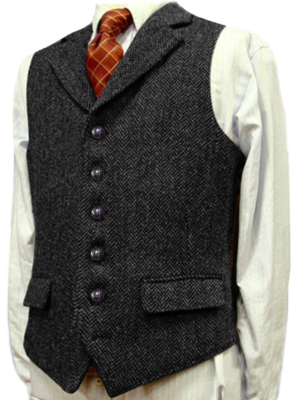 Mens Tweed Vest Vintage Wool Herringbone Orange Hunting Golf Vests Large XL XXL