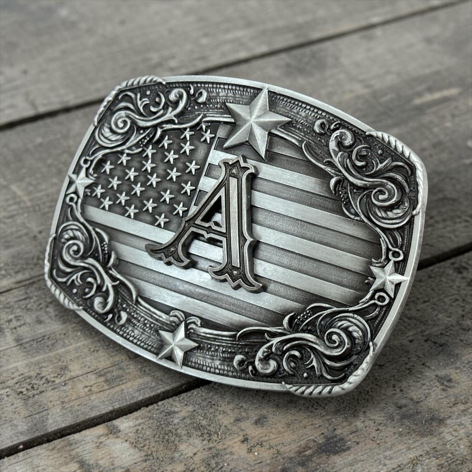 USA Flag Initial Belt Buckle Western Cowboy Patriotic Monogram Fits 1.5 Belt
