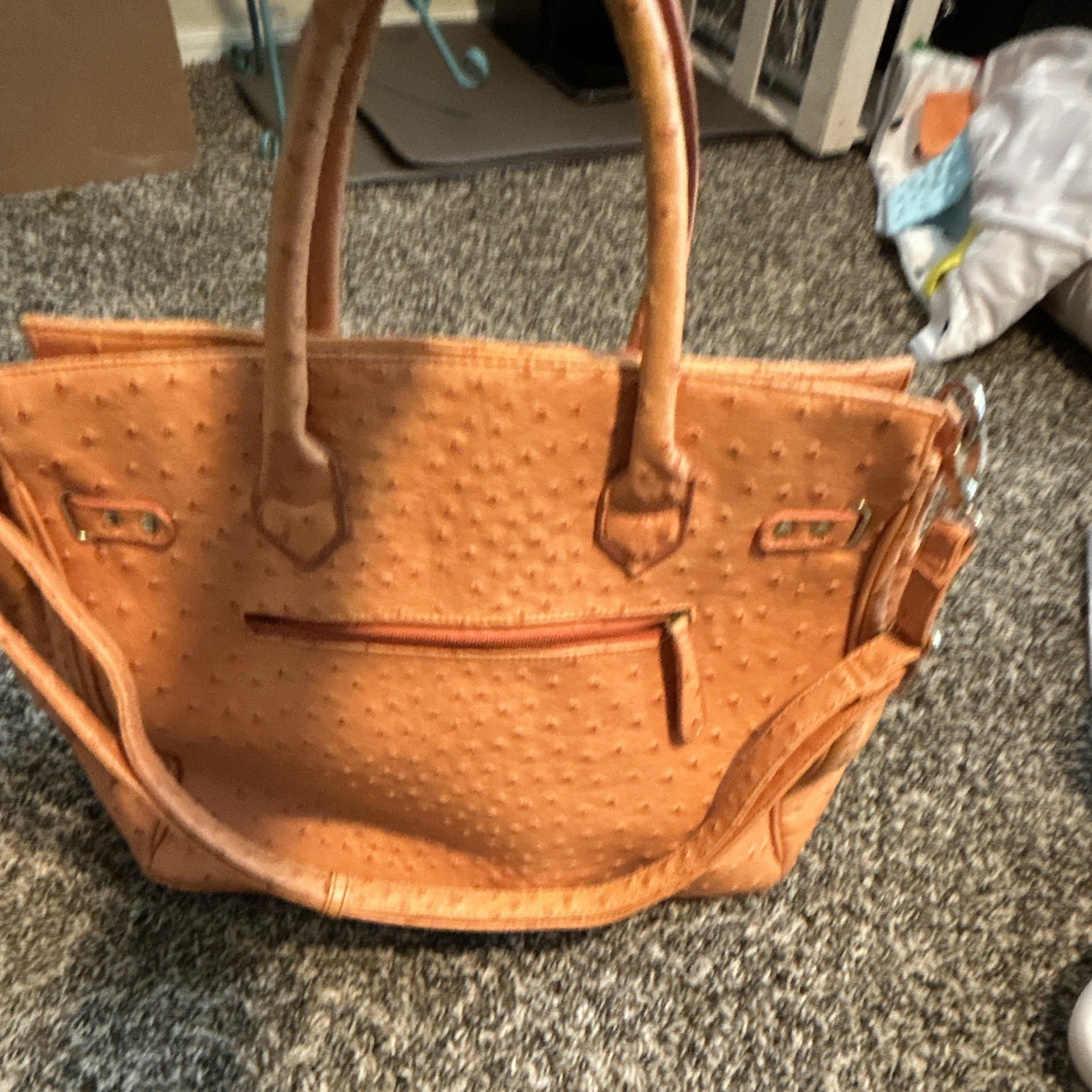 Ostrich Embossed Tan Large Satchel Top Handle, Detachable Strap, Zip/Lock