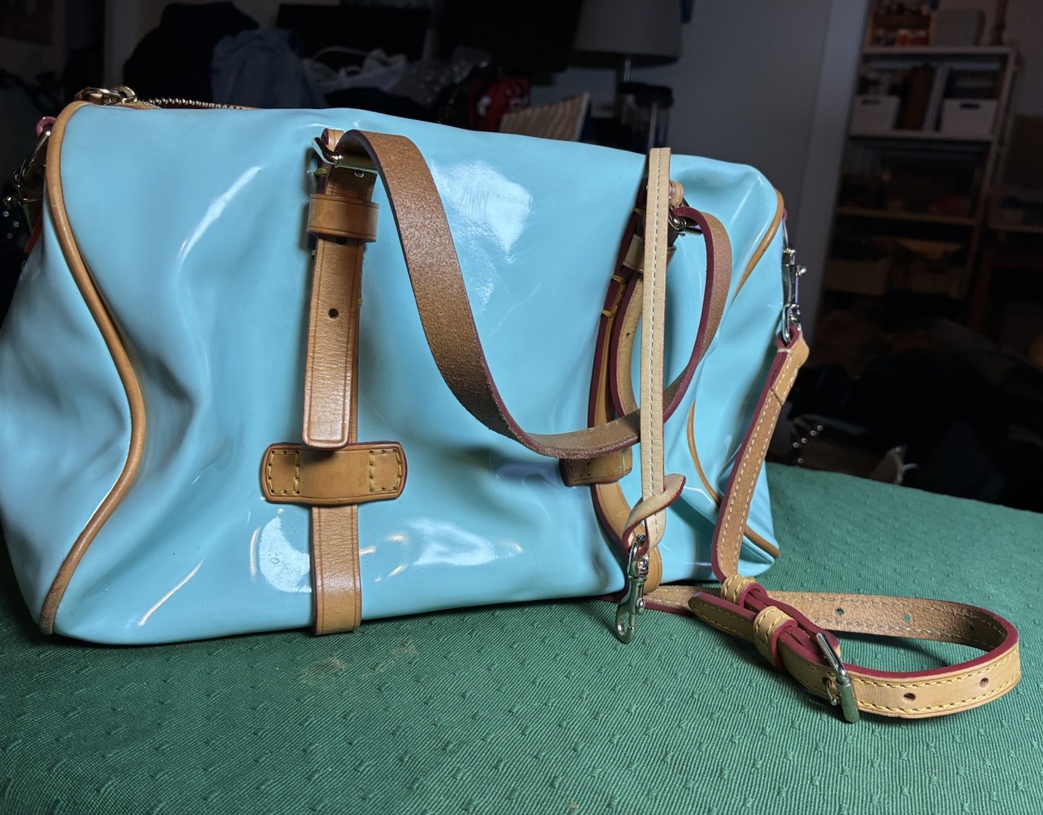 Dooney & Bourke Y2K Light Blue Patent Leather Satchel Bag Red Trim Crossbody