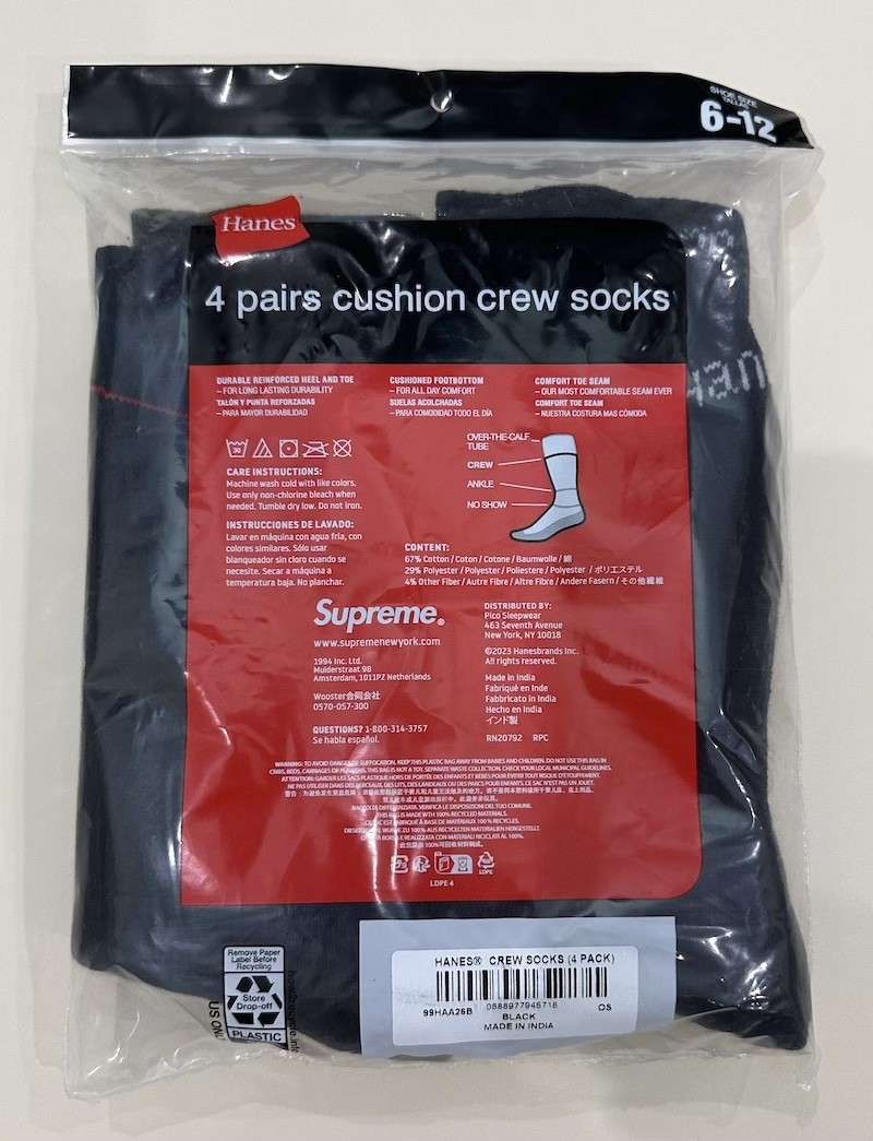 Supreme X Hanes Crew Socks – Black, 4 Pack, Size 6-12